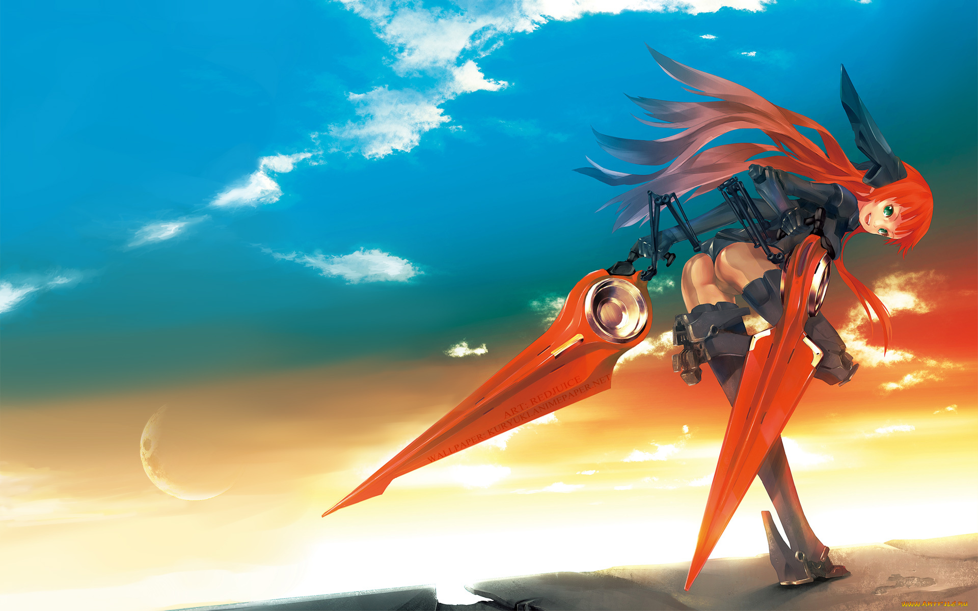 by, redjuice, аниме, weapon, blood, technology, небо, оружие, робот, девушка