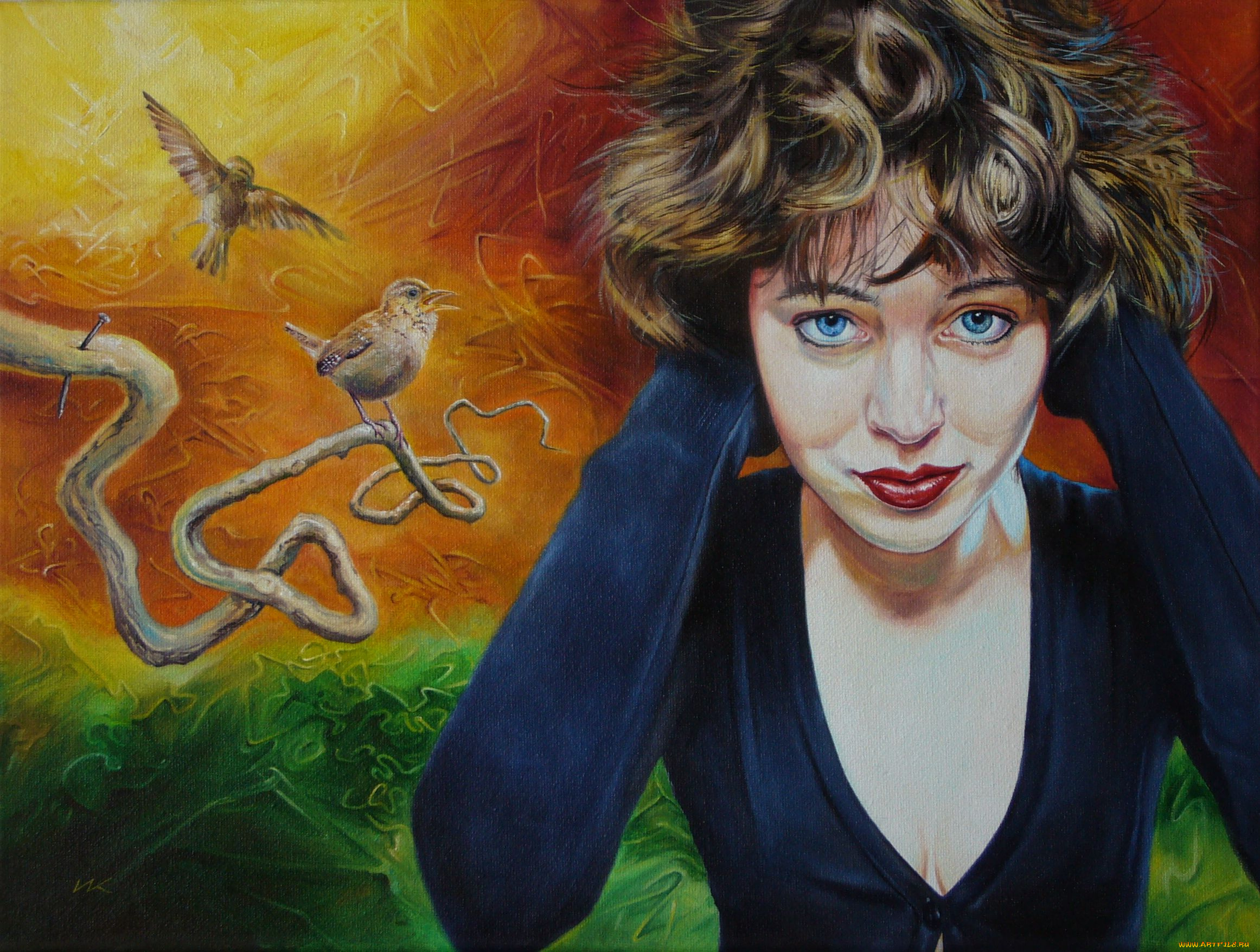 wlodzimierz, kuklinski, рисованные, птицы, девушка