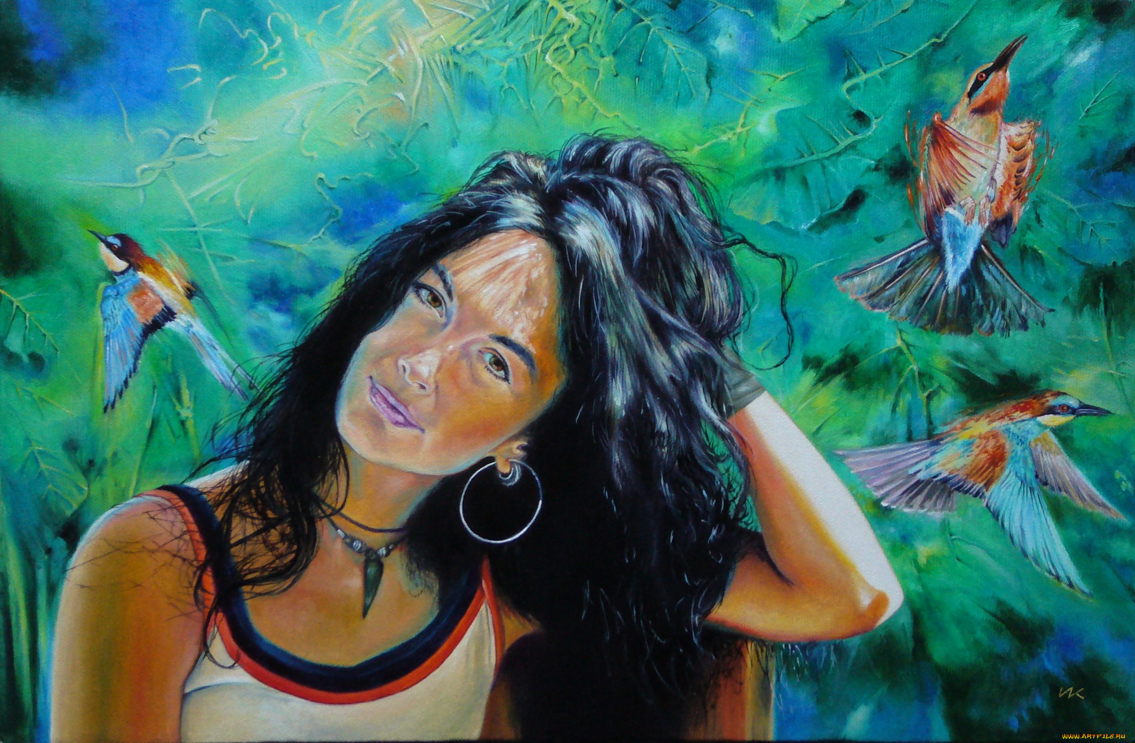 wlodzimierz, kuklinski, рисованные, птицы, девушка