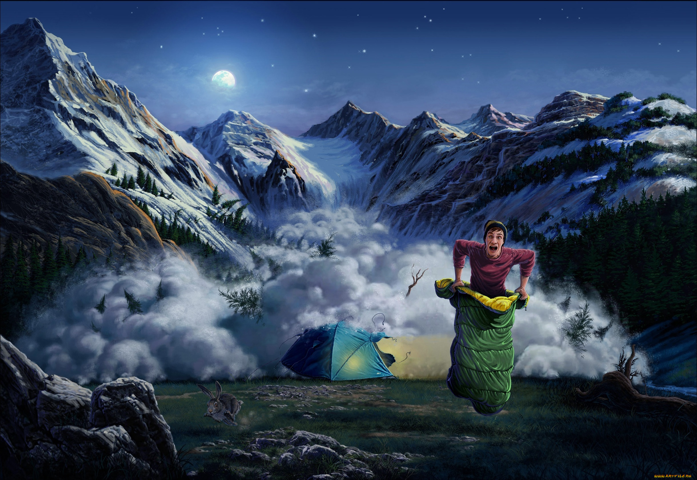 юмор, приколы, парень, горы, лавина, палатка, спальный, мешок, ситуация