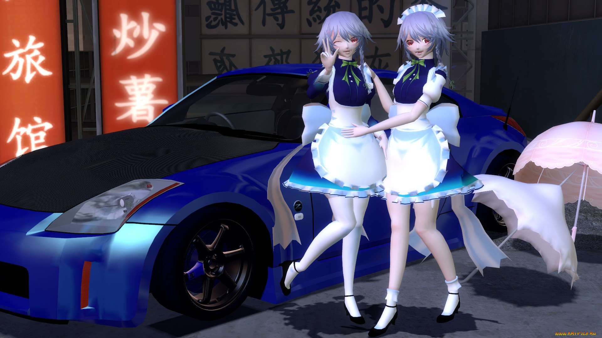 3д, графика, anime, аниме, автомобиль, зонтики, девушки