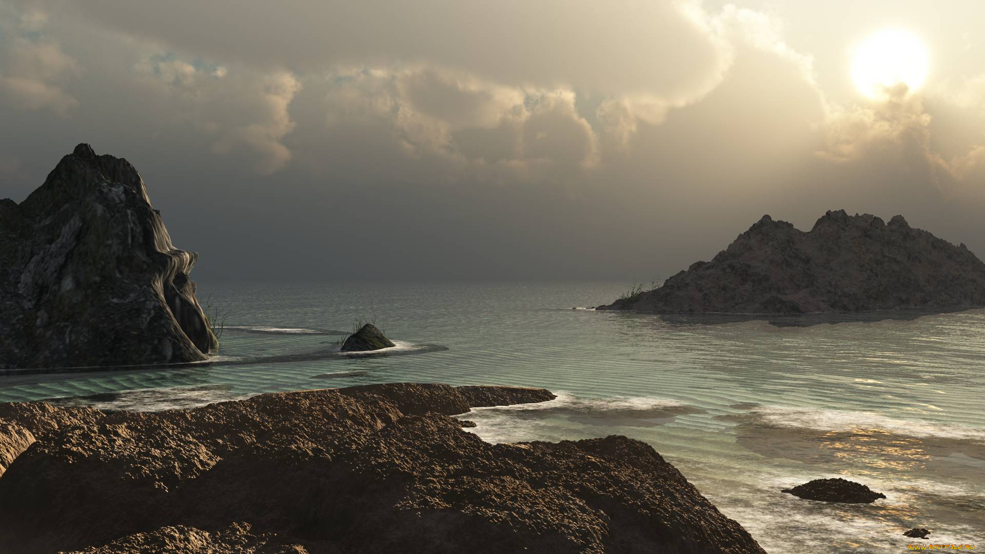 3д, графика, nature, landscape, природа, море, скалы, облака