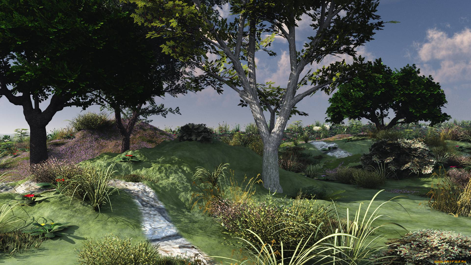 3д, графика, nature, landscape, природа, трава, деревья