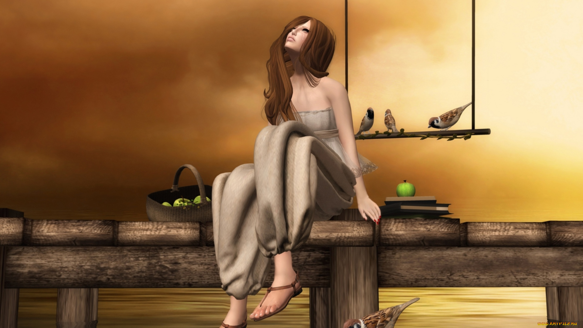 3д, графика, people, люди, девушка, воробьи, слезы