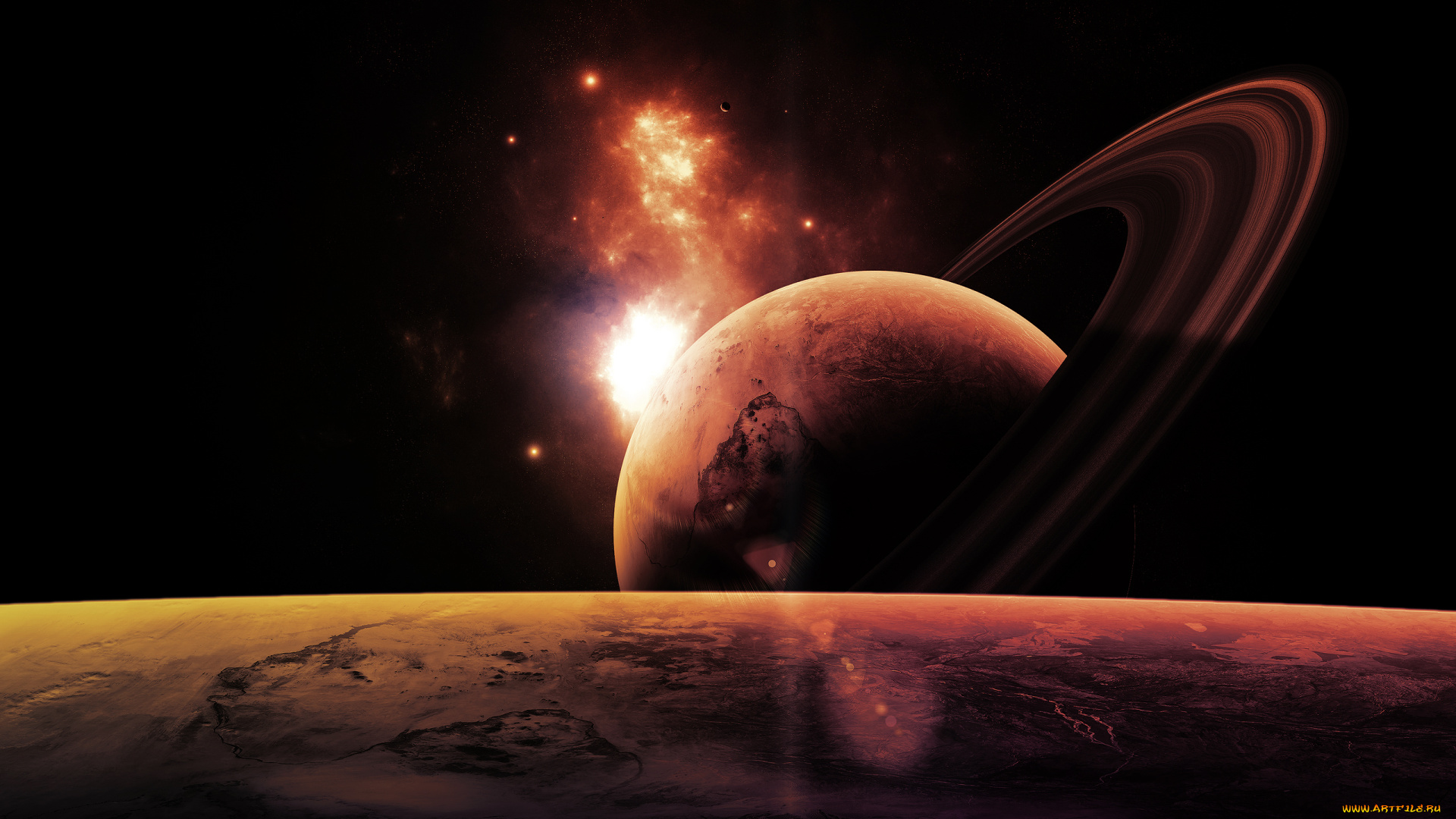 космос, арт, туманность, кольцо, вселенная, планеты