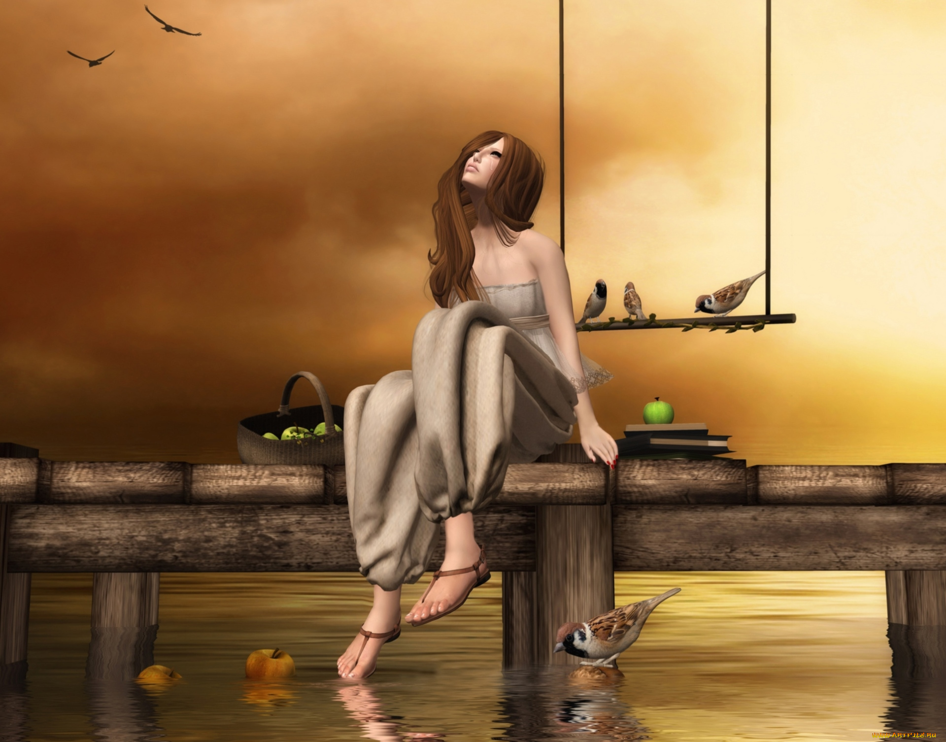 3д, графика, people, люди, девушка, воробьи, слезы