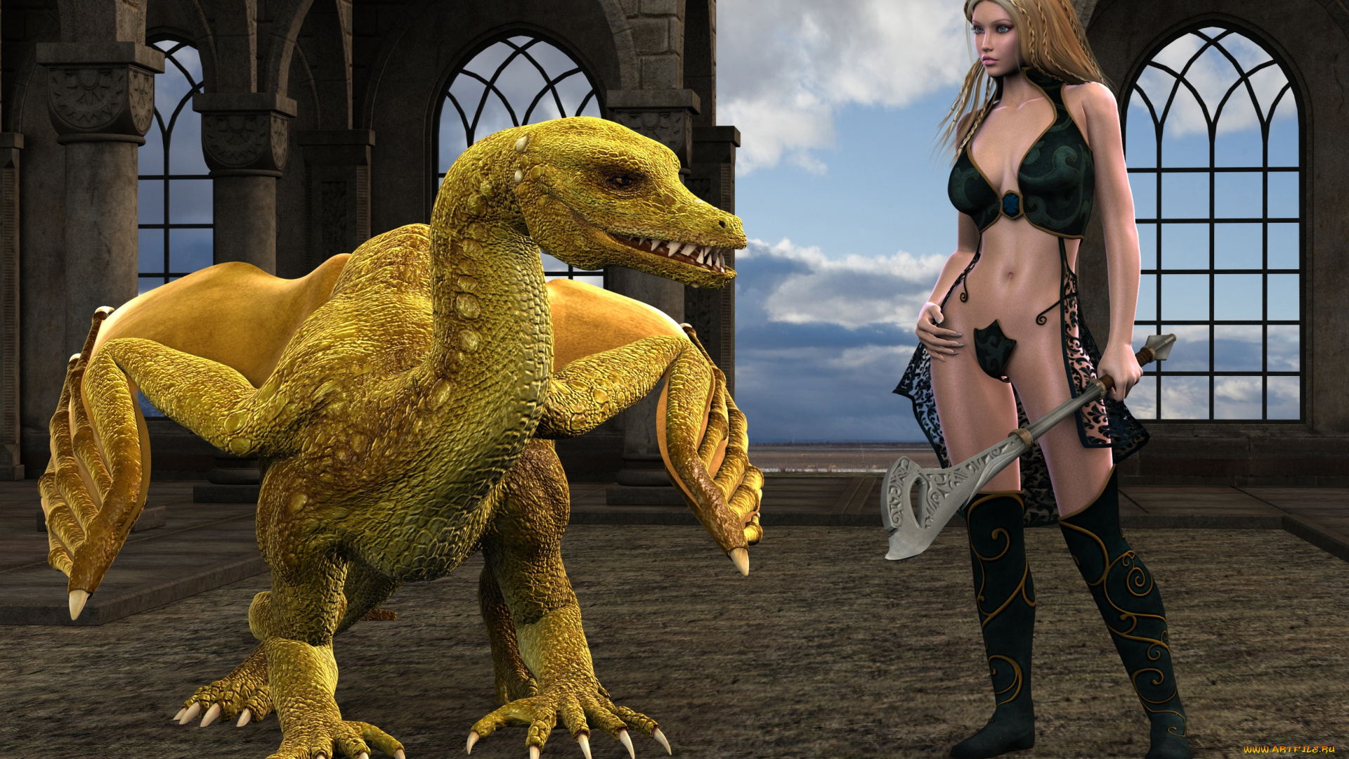 3д, графика, амазонки, , amazon, девушка, взгляд, оружие, дракон