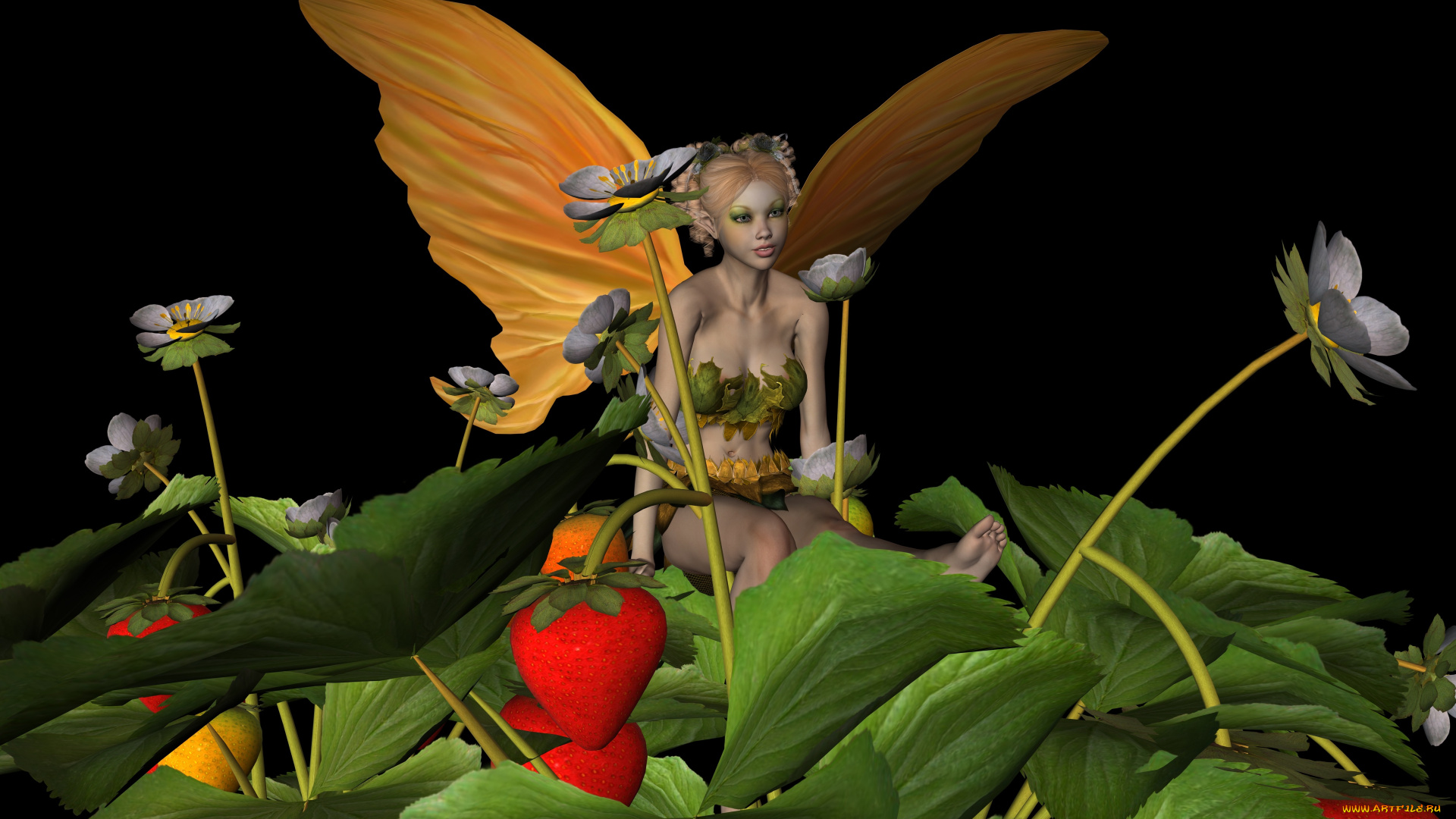 3д, графика, эльфы, , elves, взгляд, эльфийка, крылья, цветы, клубника