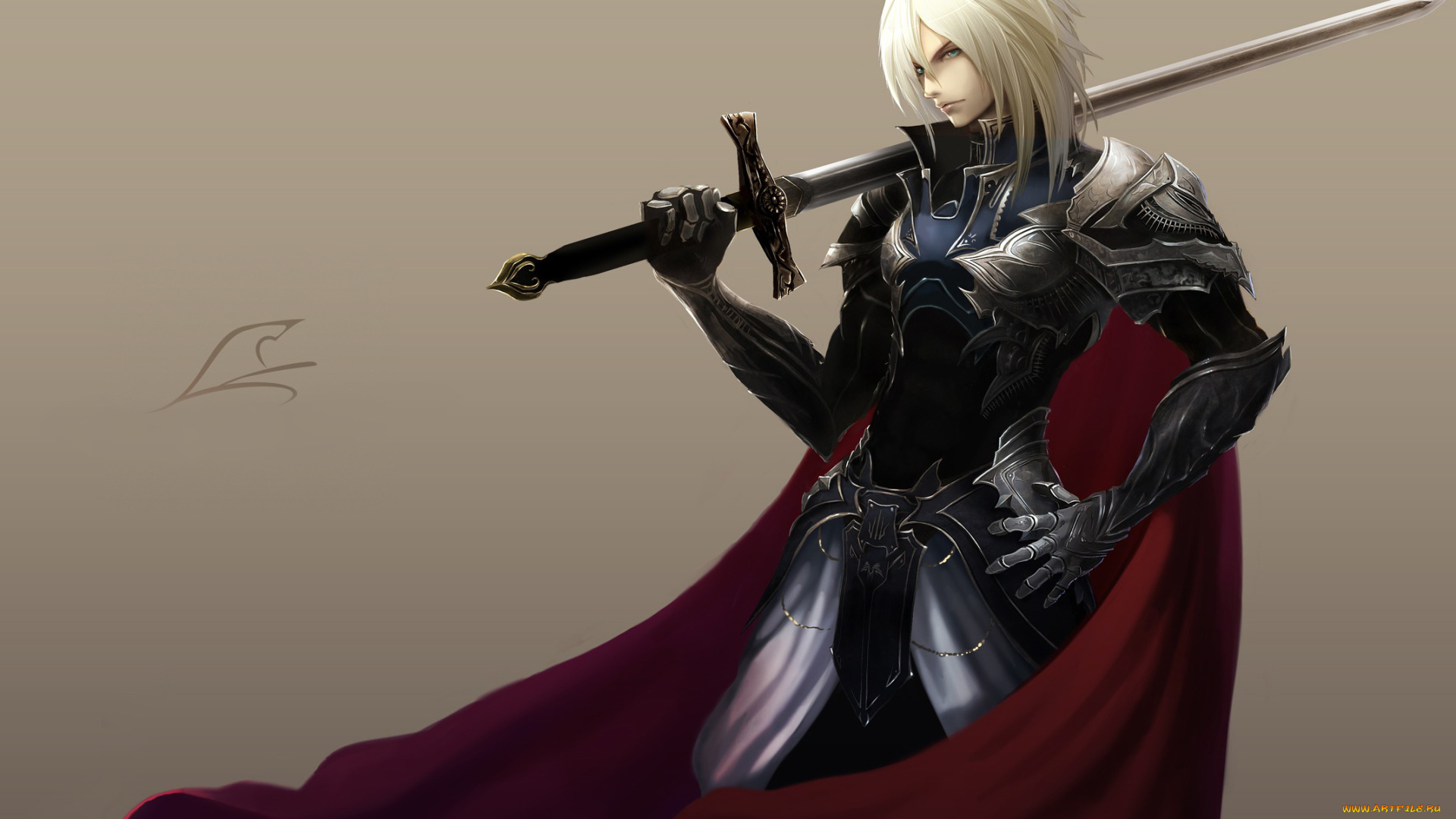 аниме, -weapon, , blood, &, technology, плащ, взгляд, mushimaro, tachikawa, блондин, доспехи, леон, парень, воин, меч