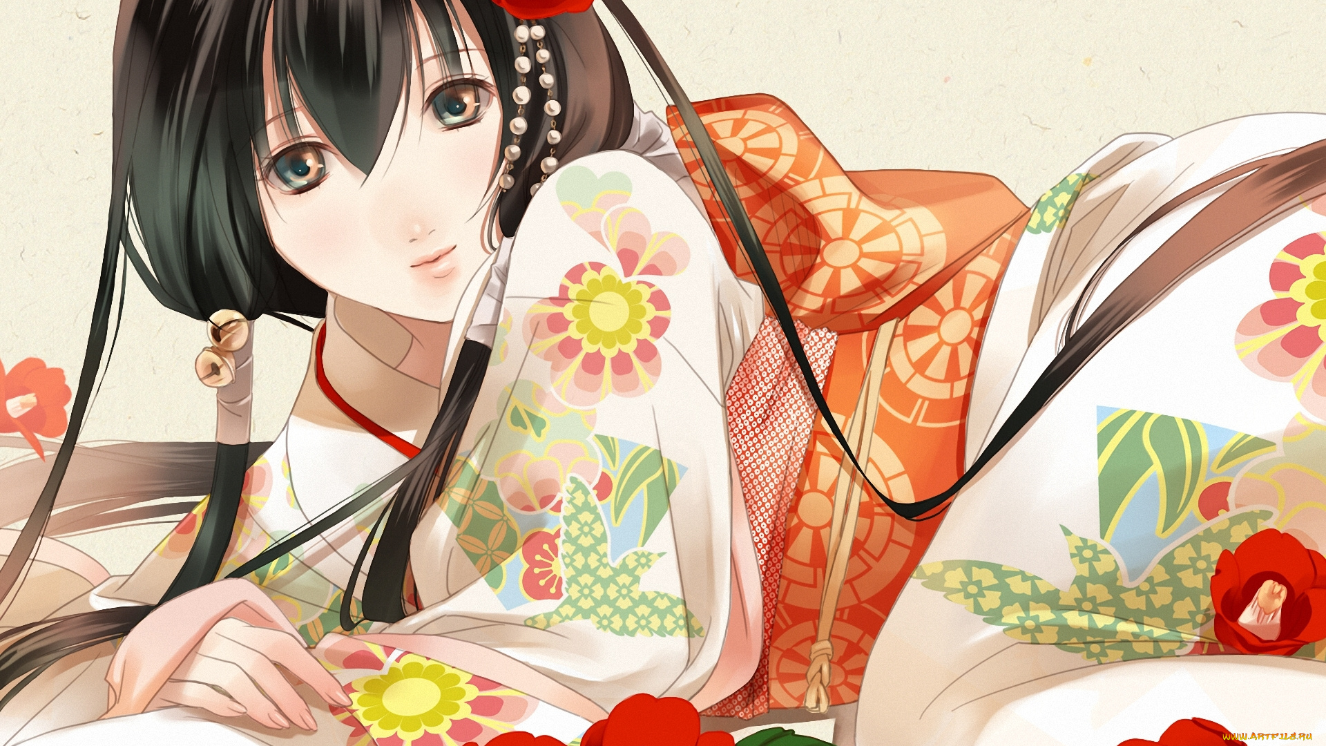 аниме, get, backers, кимоно, камелии, взгляд, девушка, цветы