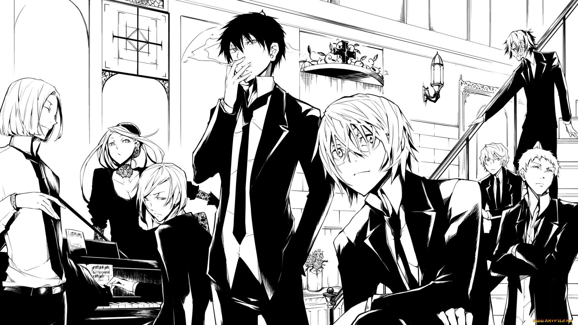 аниме, *unknown, , другое, монохромное, девушки, парни, чёрно-белое