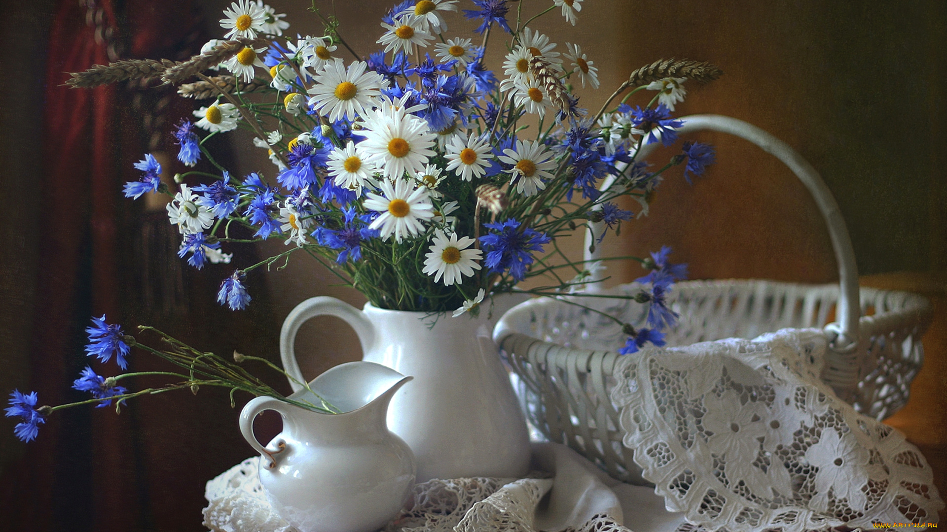 цветы, луговые, , полевые, , цветы, ромашки, корзина, васильки, букет