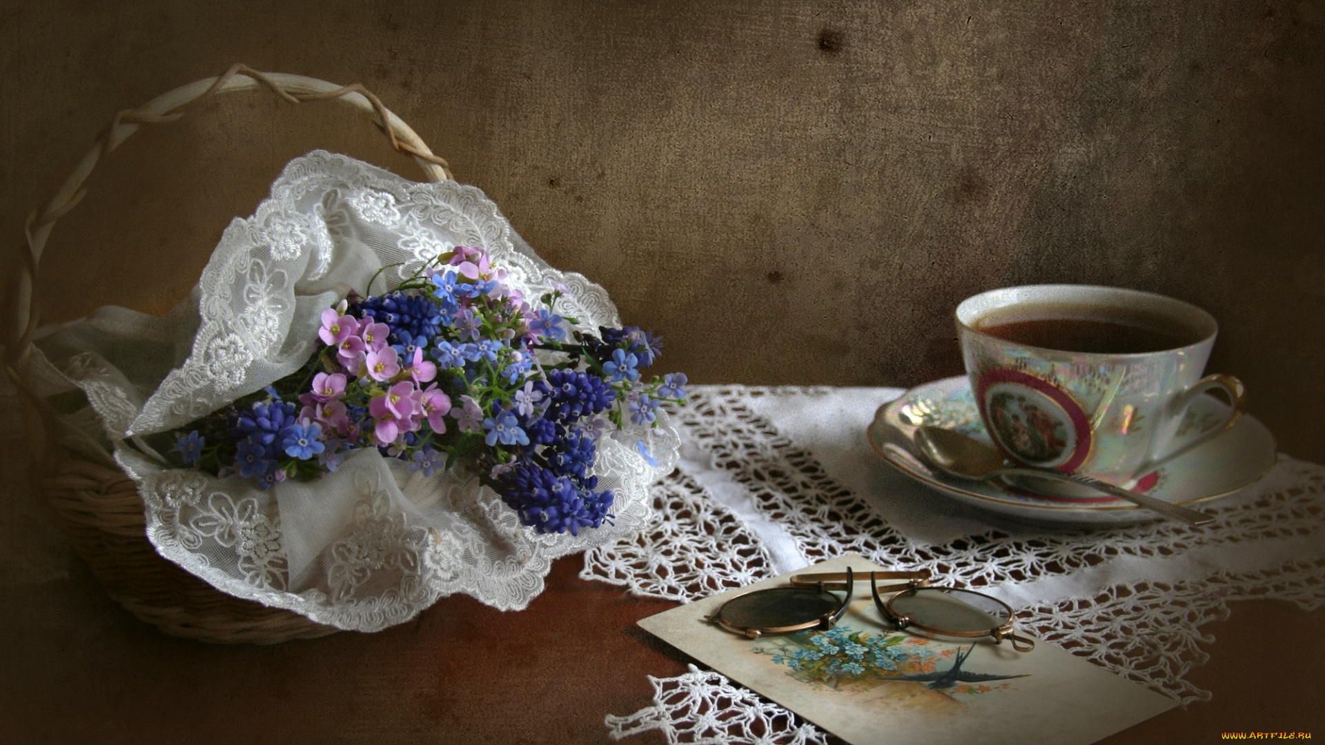 цветы, незабудки, чашка, винтаж, очки