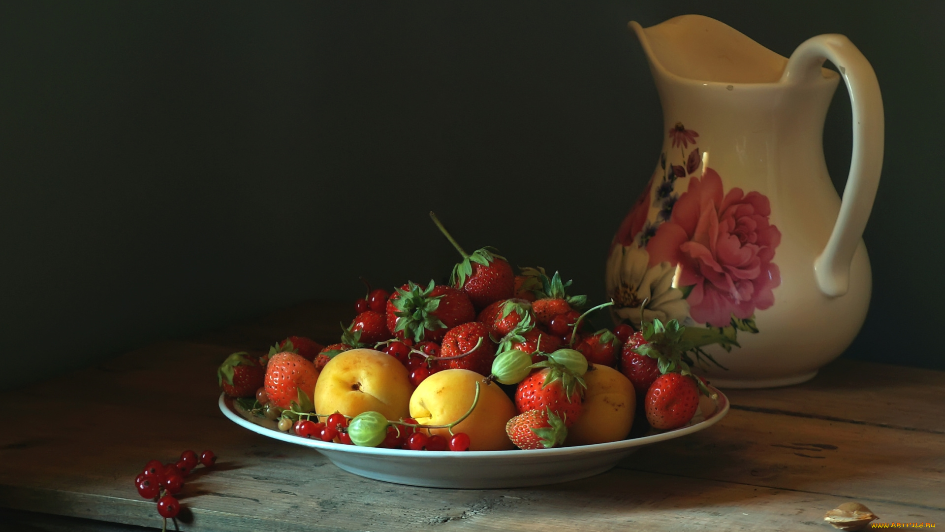 еда, фрукты, , ягоды, клубника, крыжовник, кувшин, абрикос, смородина