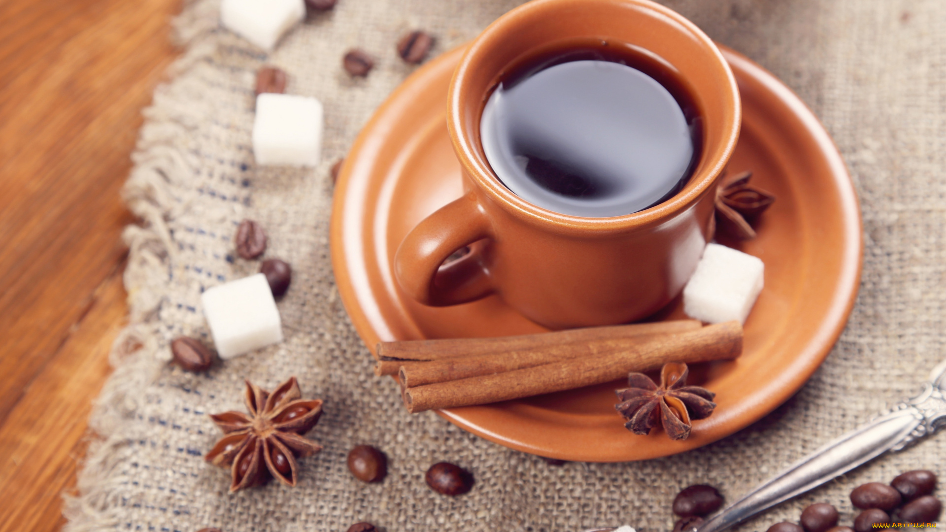 еда, кофе, , кофейные, зёрна, пряности, сахар, зерна, блюдце, бадьян, кружка, ложка, анис, корица