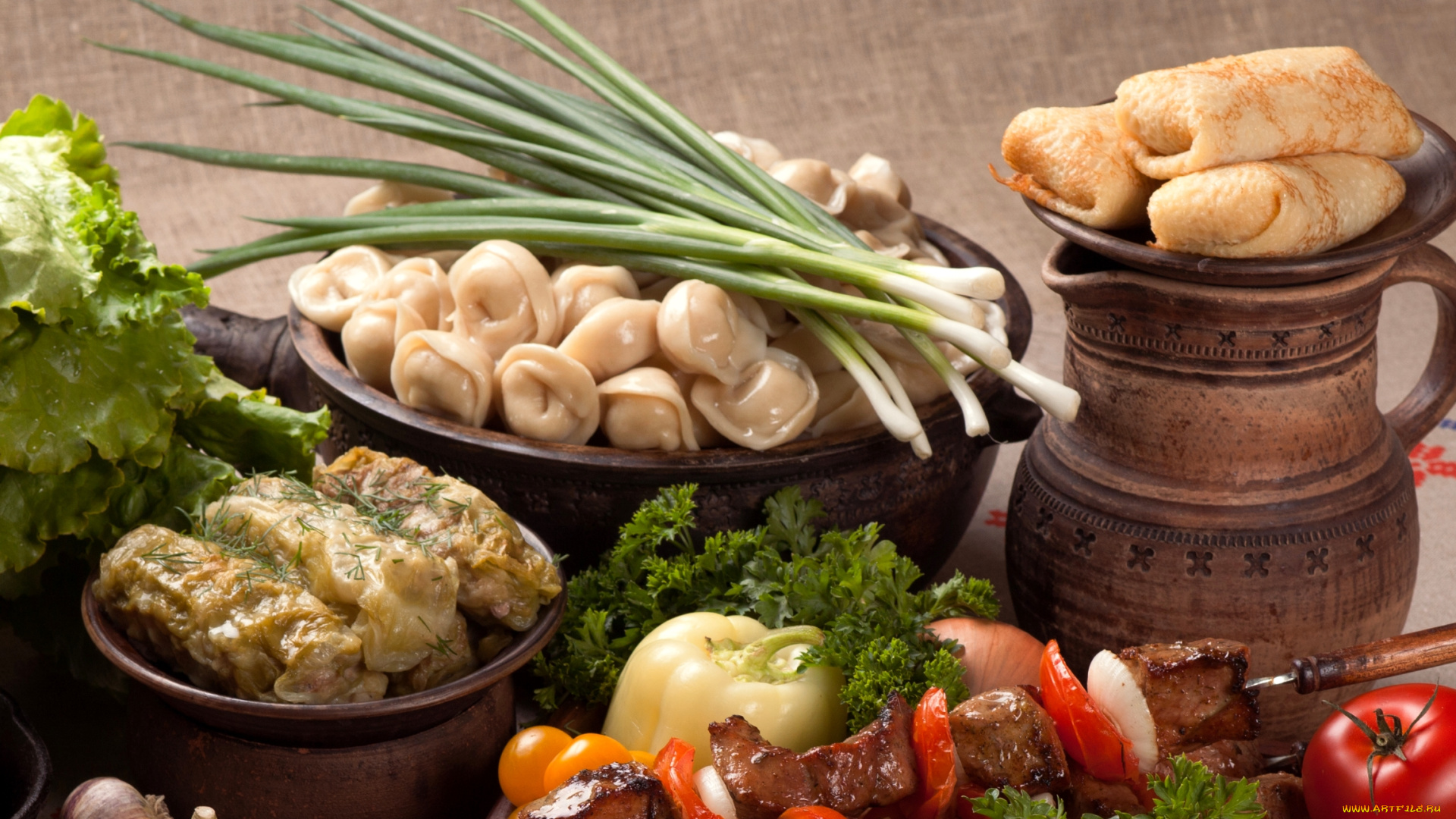 еда, разное, блины, лук, пельмени