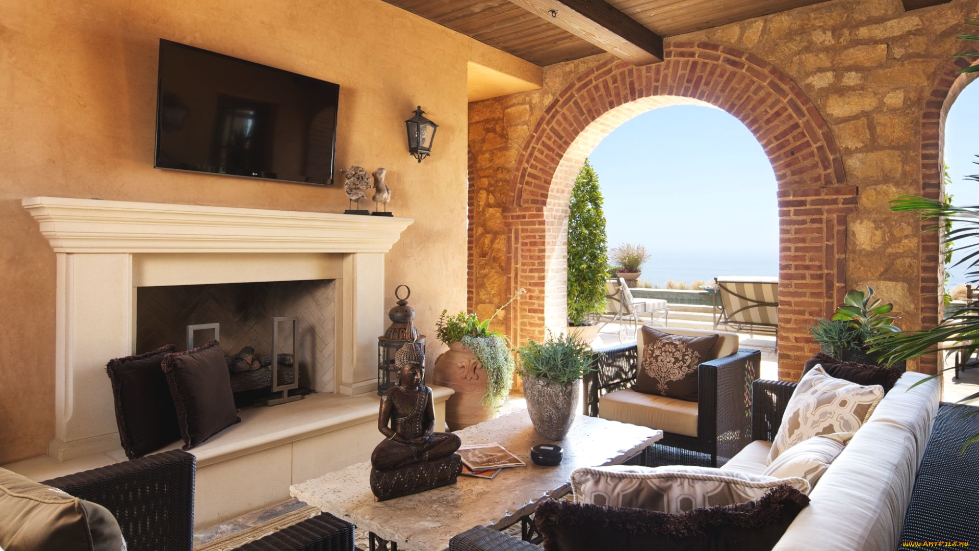 интерьер, гостиная, арки, диван, камин