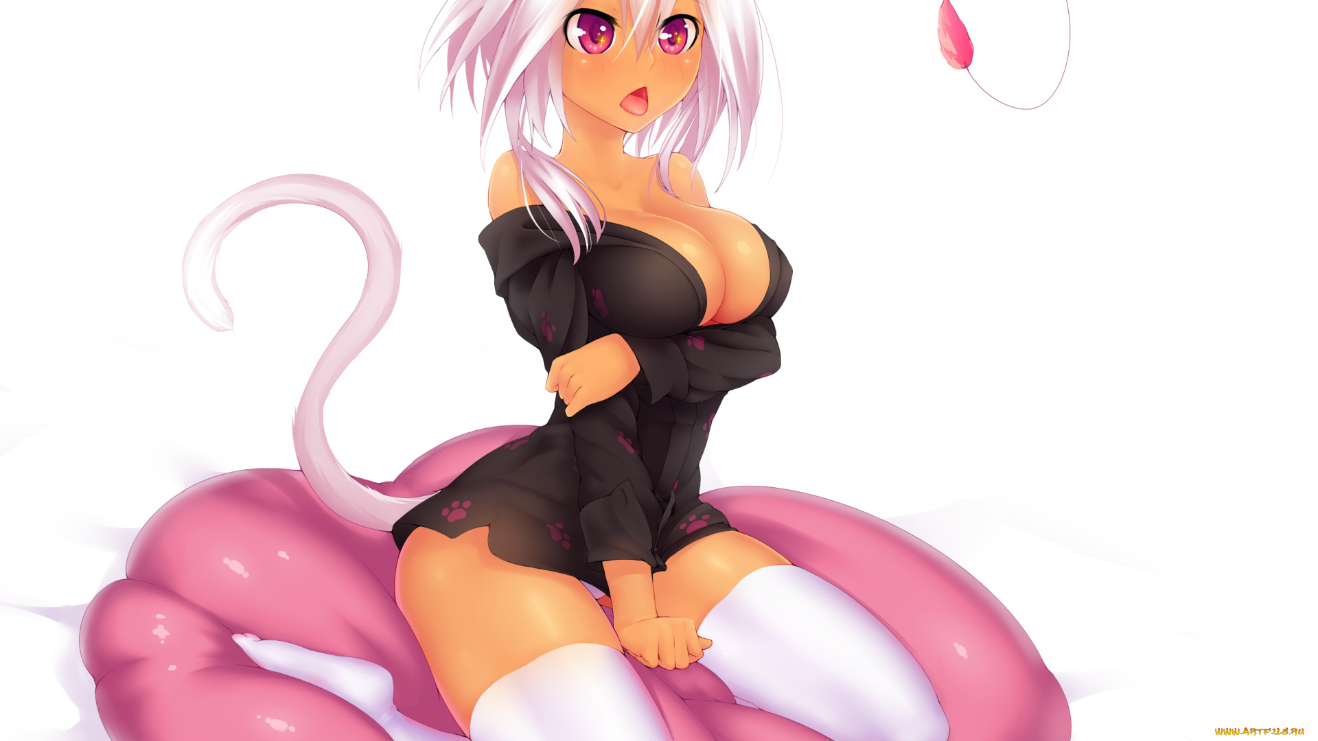 neko, girls, аниме, -animals, &, creatures, ушки, неко, смущение, девушка, хвост, поза, подушка