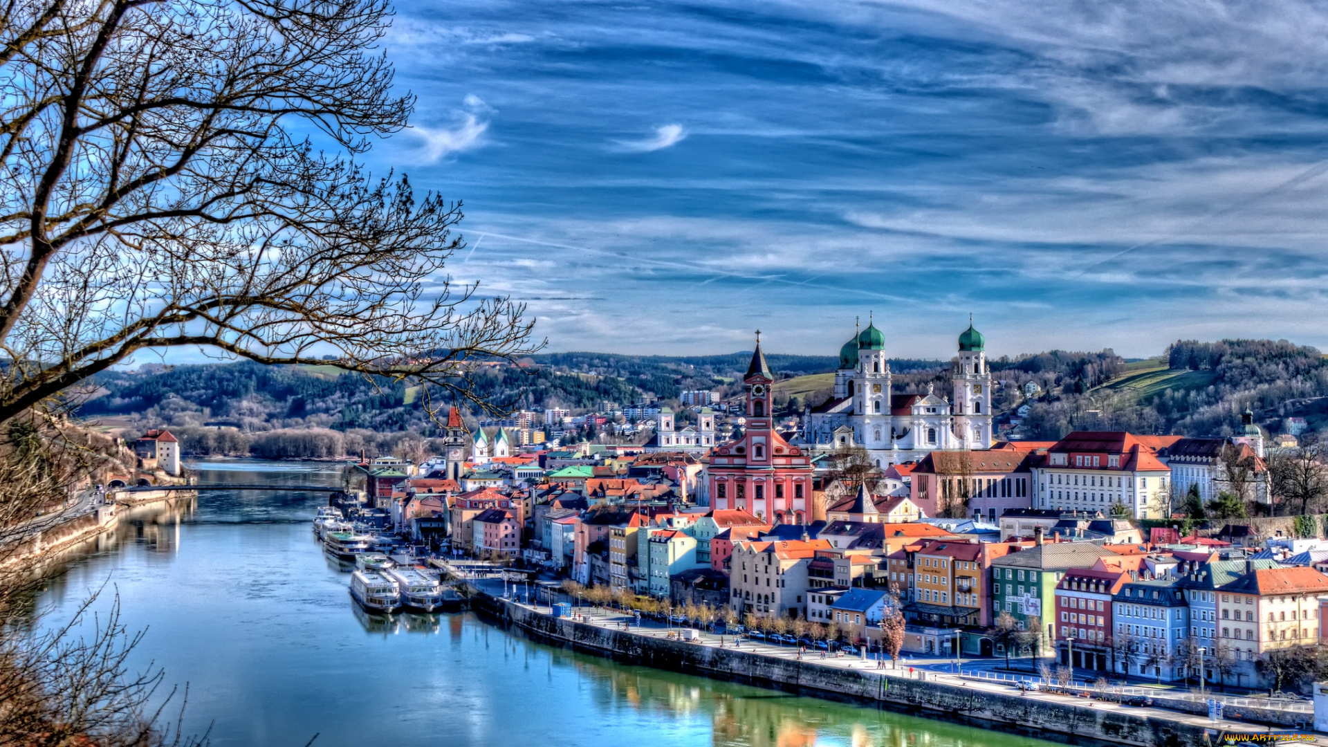 пассау, , германия, города, -, панорамы, купола, дома, река
