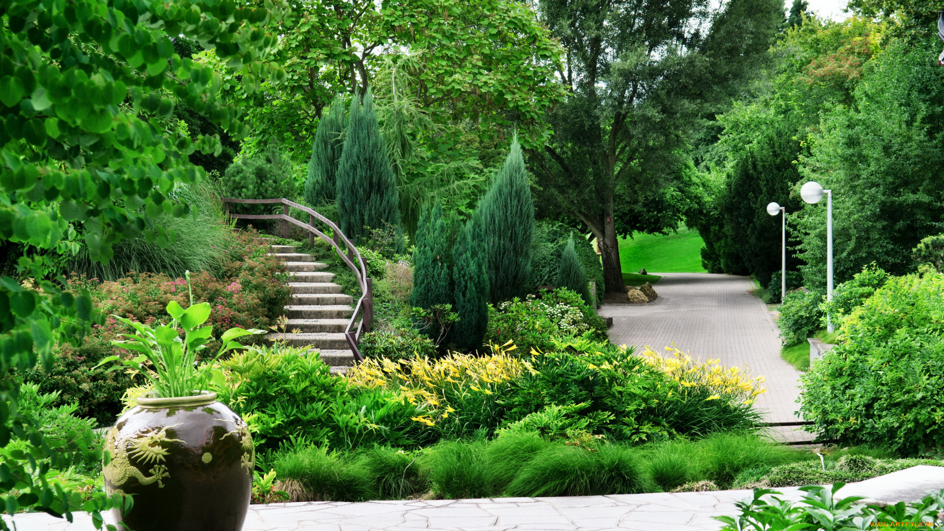 природа, парк, деревья, дорожки, фонари, кусты