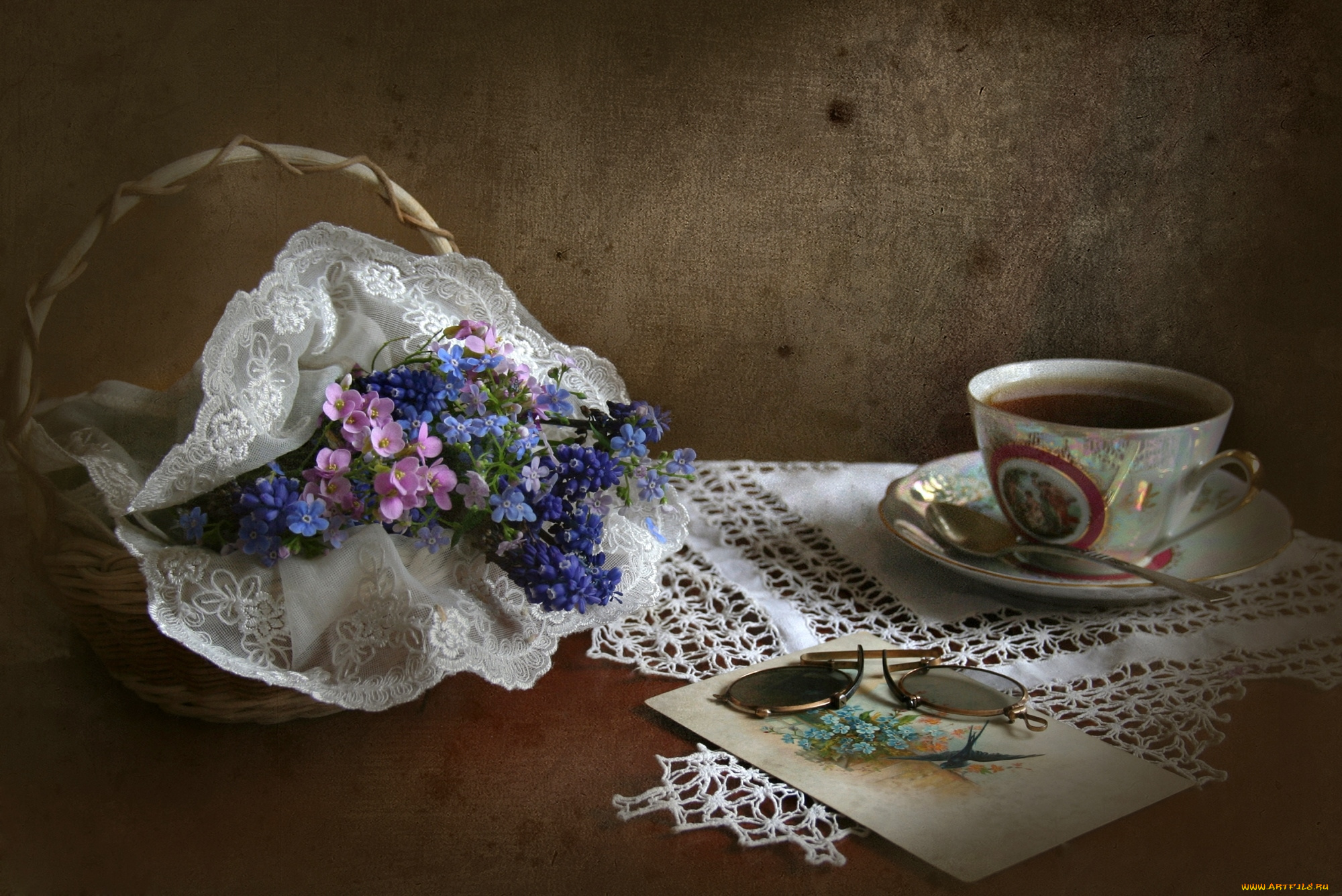цветы, незабудки, чашка, винтаж, очки