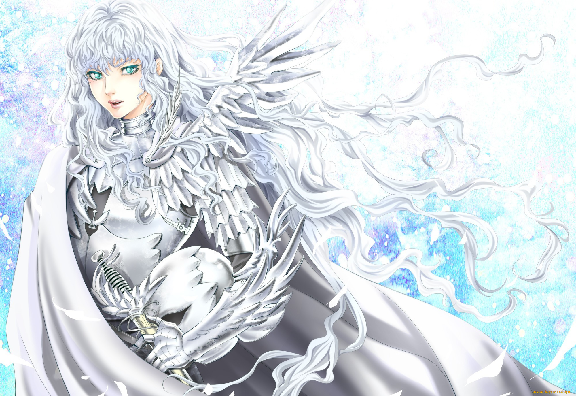 аниме, berserk, шлем, белые, волосы, меч, доспехи, арт