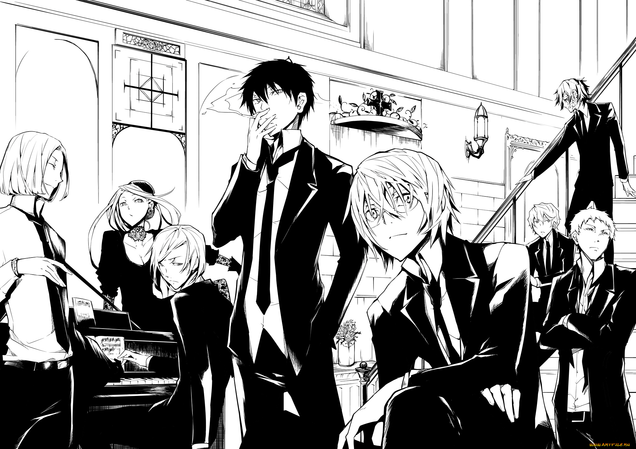 аниме, *unknown, , другое, монохромное, девушки, парни, чёрно-белое