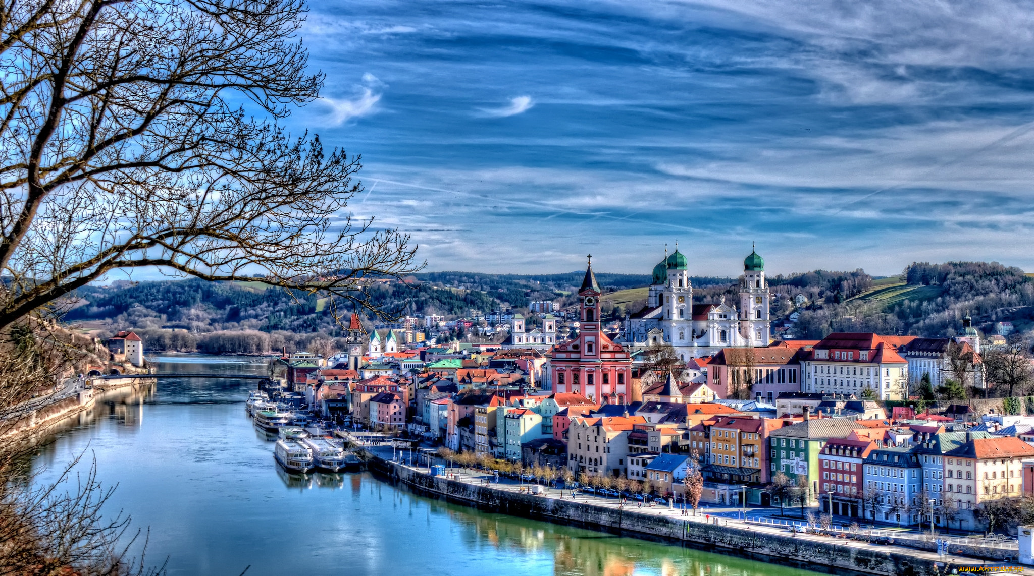 пассау, , германия, города, -, панорамы, купола, дома, река