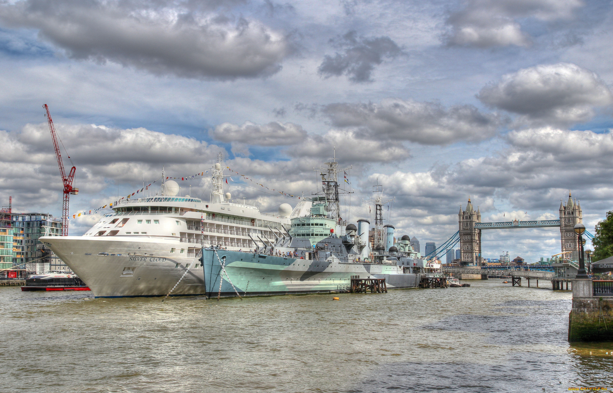 hms, belfast, &, silver, cloud, корабли, разные, вместе, причал, мост, темза, лондон, суда