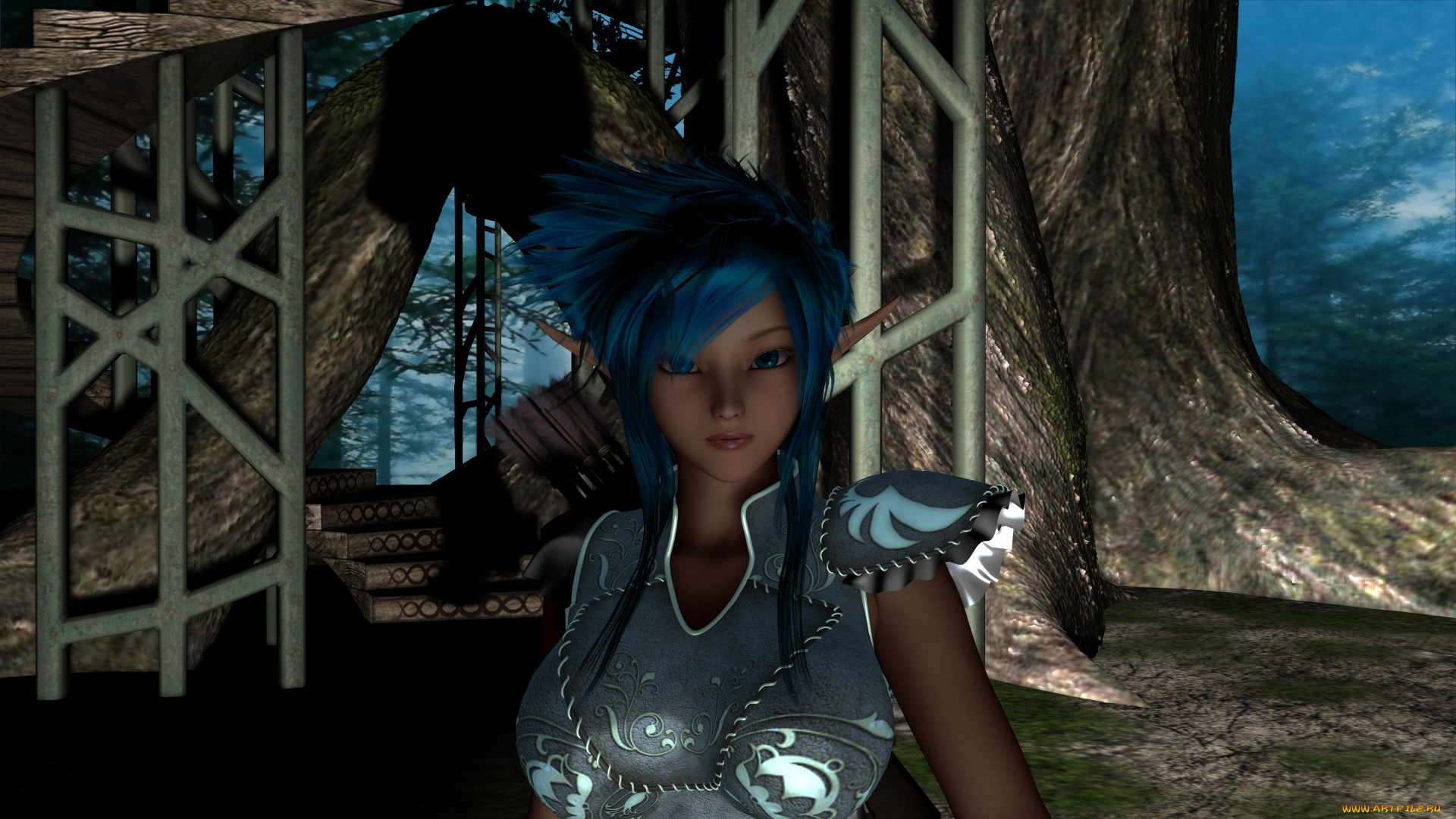 3д, графика, эльфы, , elves, фон, взгляд, эльфийка, лес