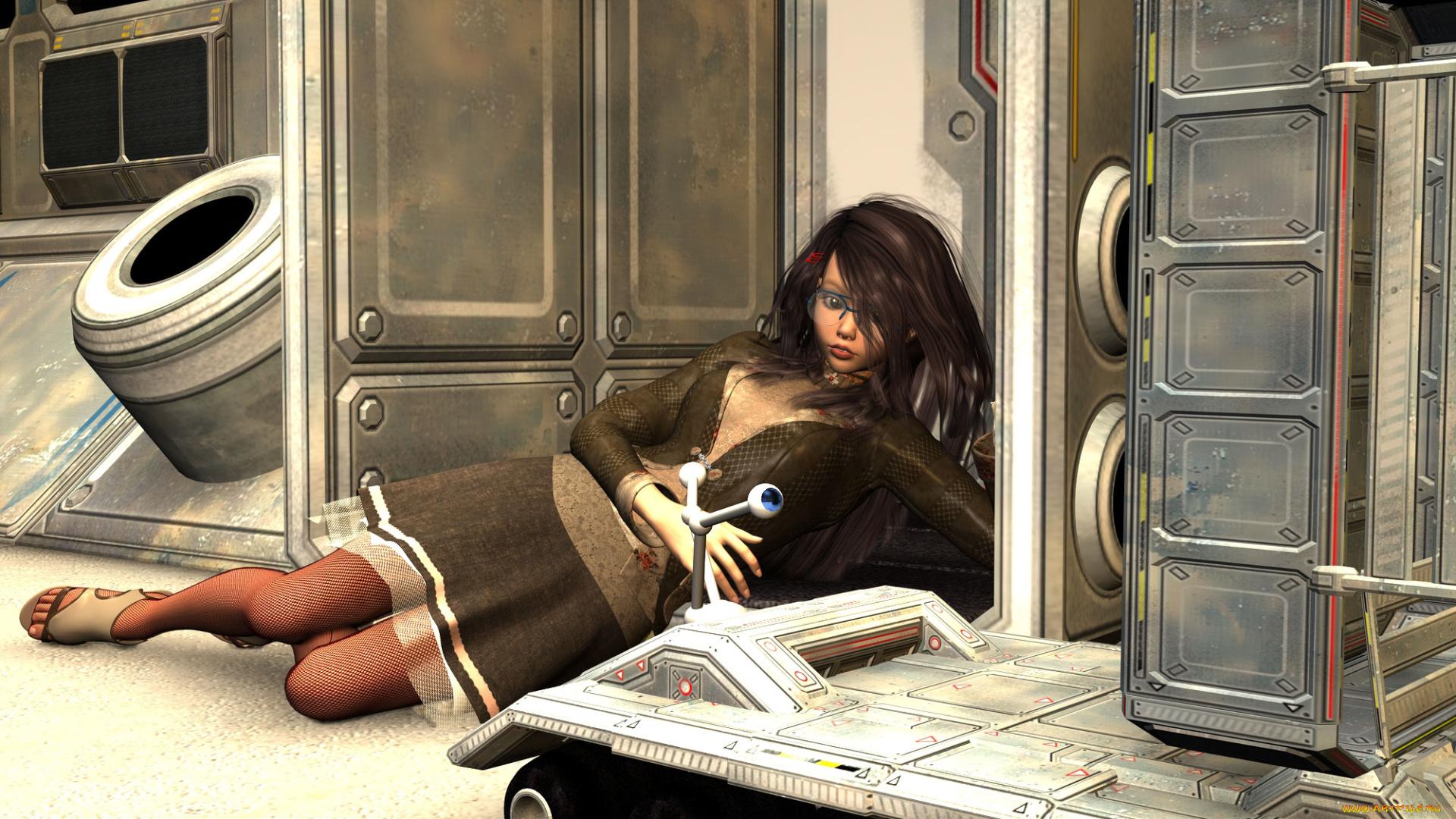 3д, графика, фантазия, , fantasy, девушка, взгляд, робот, фон