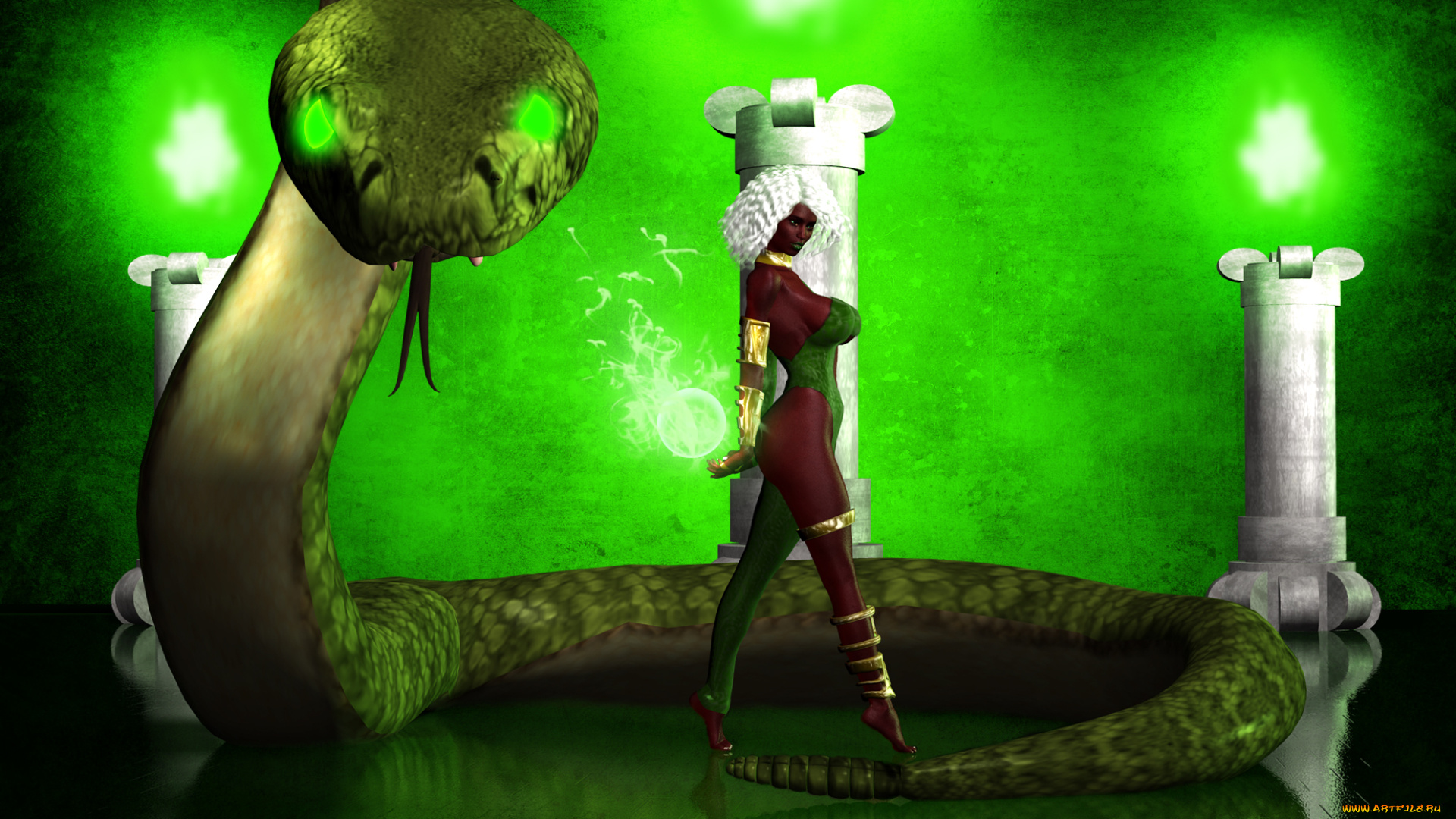 3д, графика, фантазия, , fantasy, фон, взгляд, змея, девушка