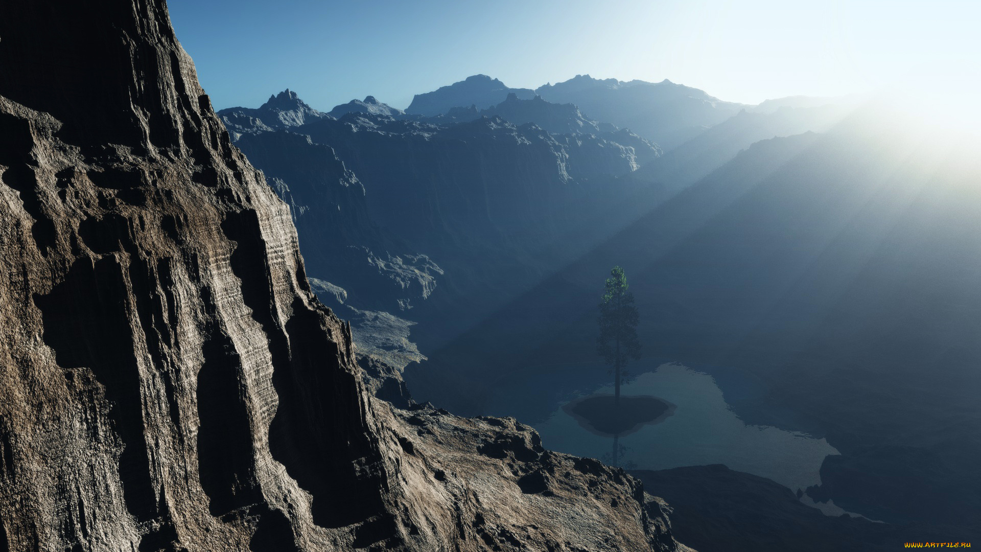 3д, графика, природа, , nature, дерево, озеро, горы, лучи