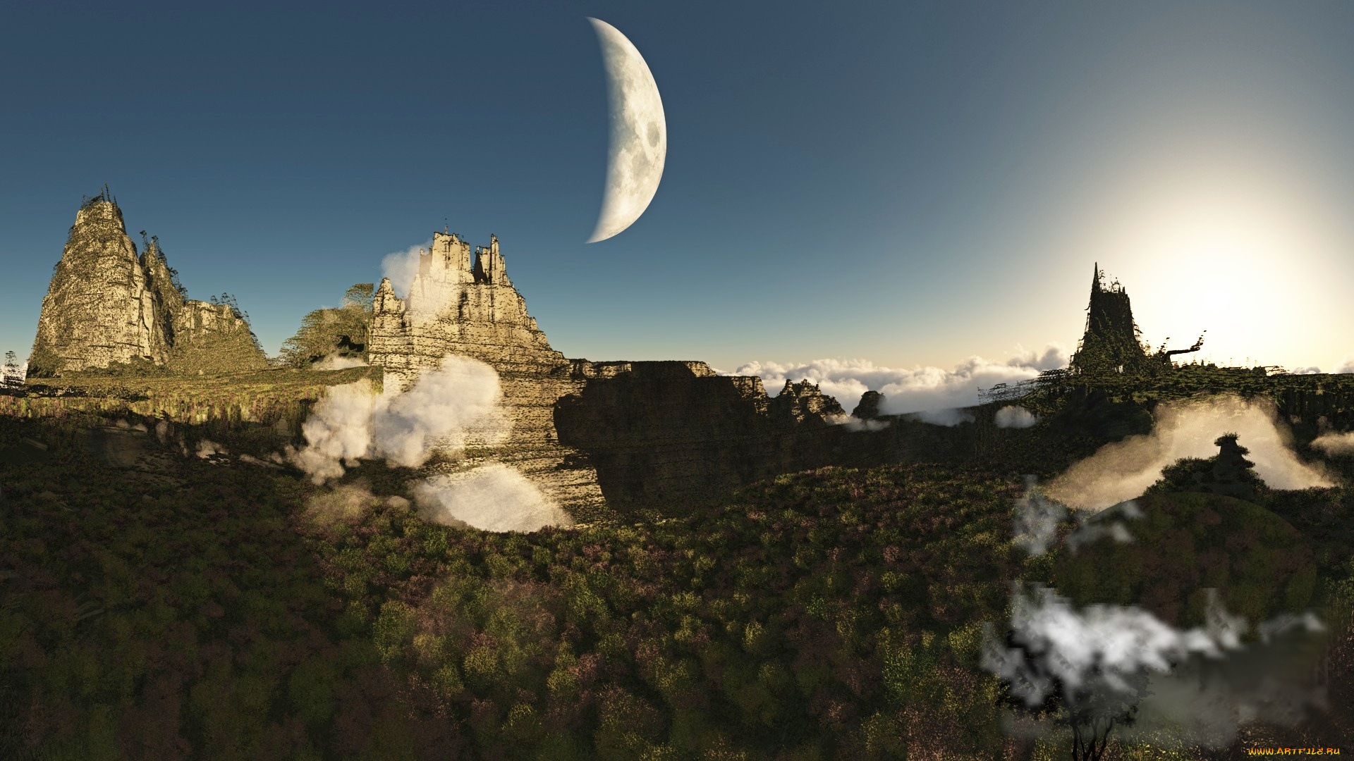 3д, графика, природа, , nature, луна, горы, облака, лес