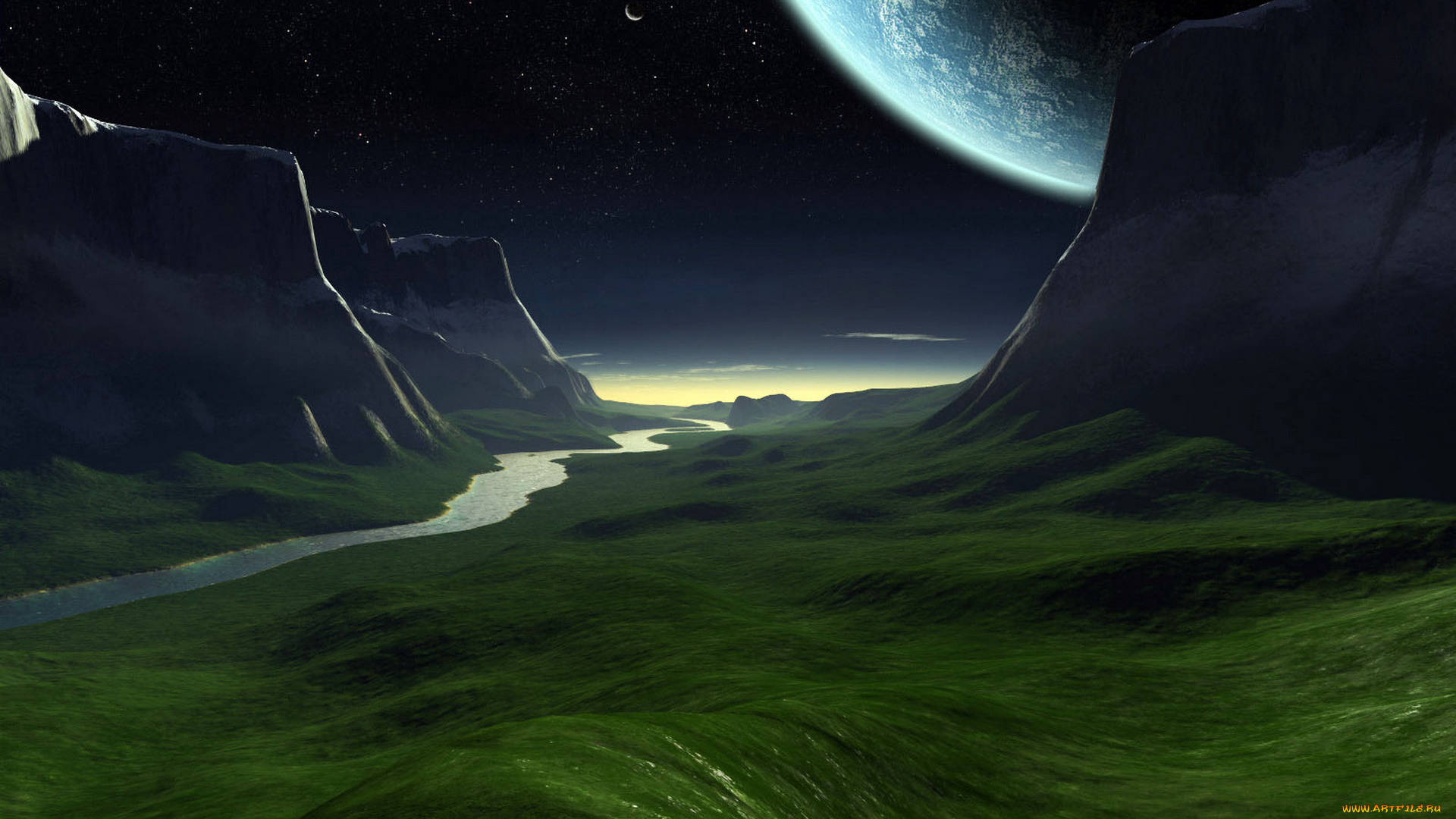 3д, графика, природа, , nature, планета, холмы, река, горы, пейзаж, ночь, звезды, месяц