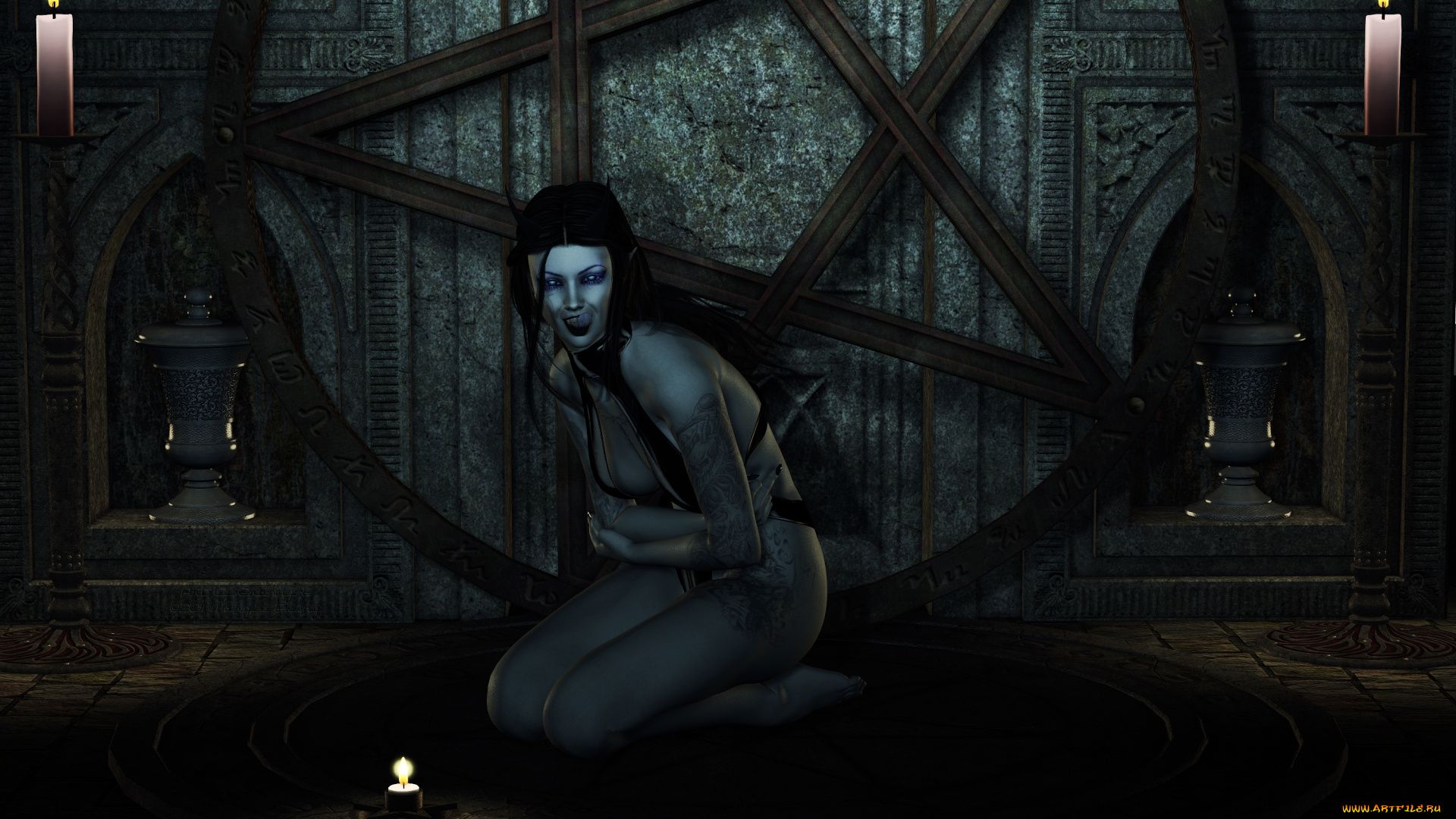 3д, графика, существа, , creatures, фон, свечи, взгляд, эльфийка