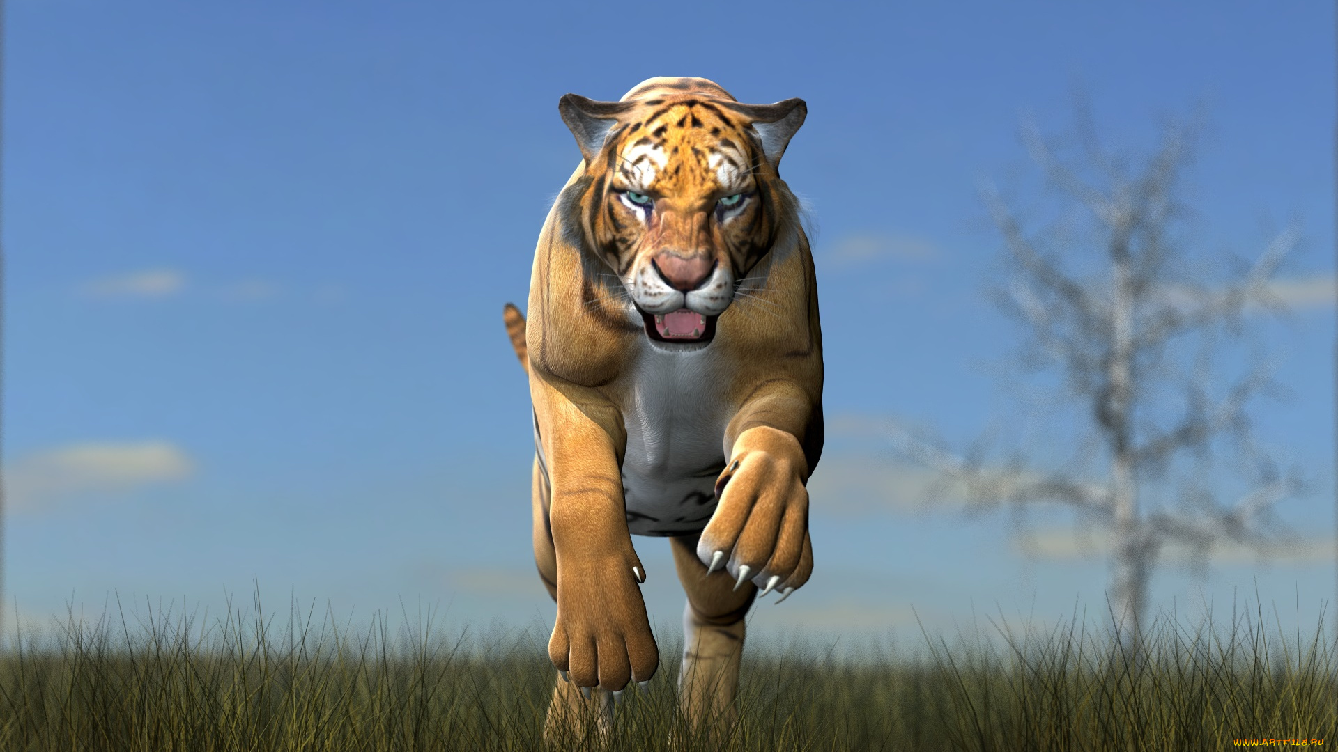 3д, графика, животные, , animals, оскал, прыжок, тигр