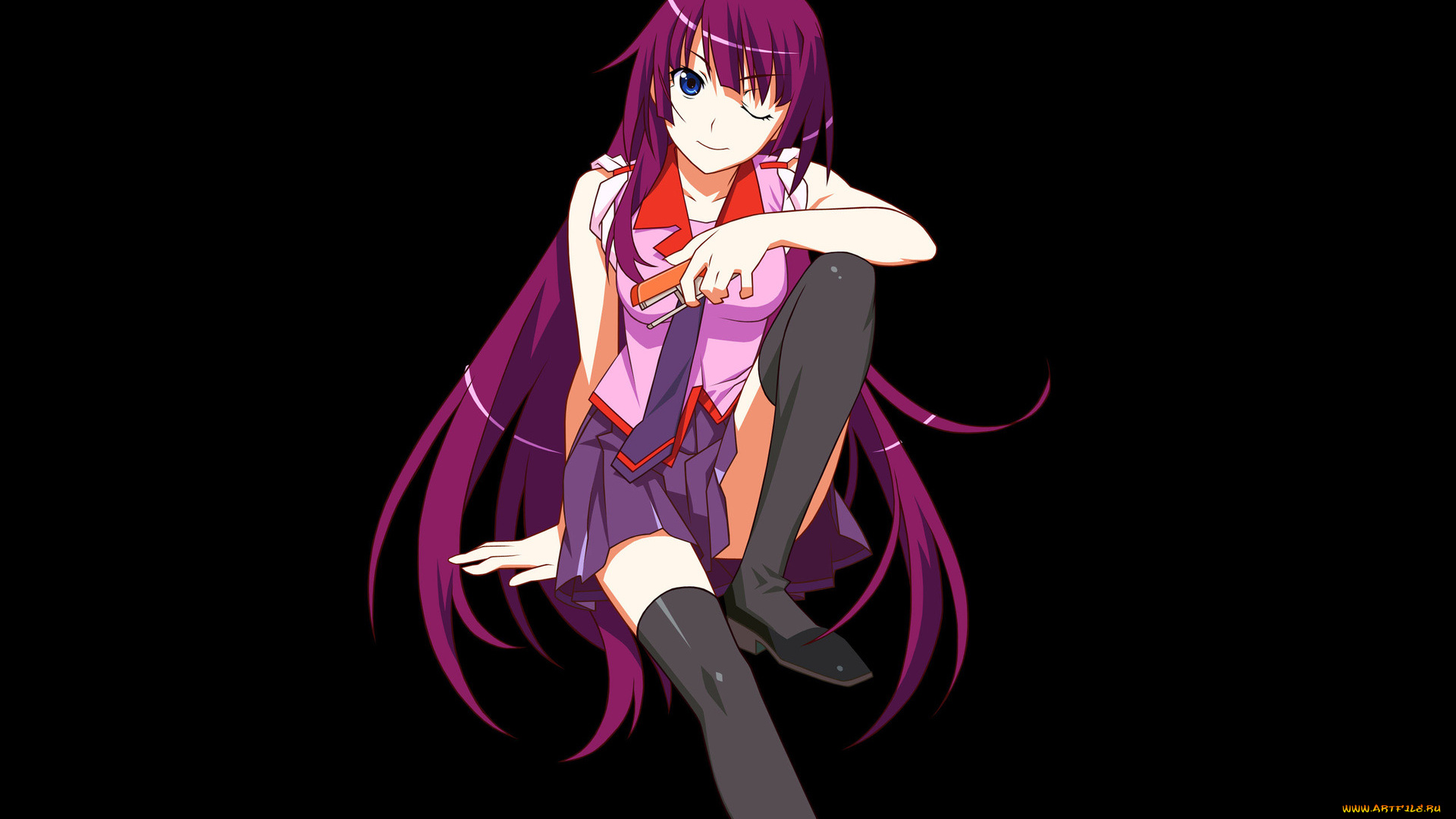 аниме, bakemonogatari, форма, senjougahara, hitagi, степлер, фон, взгляд, девушка