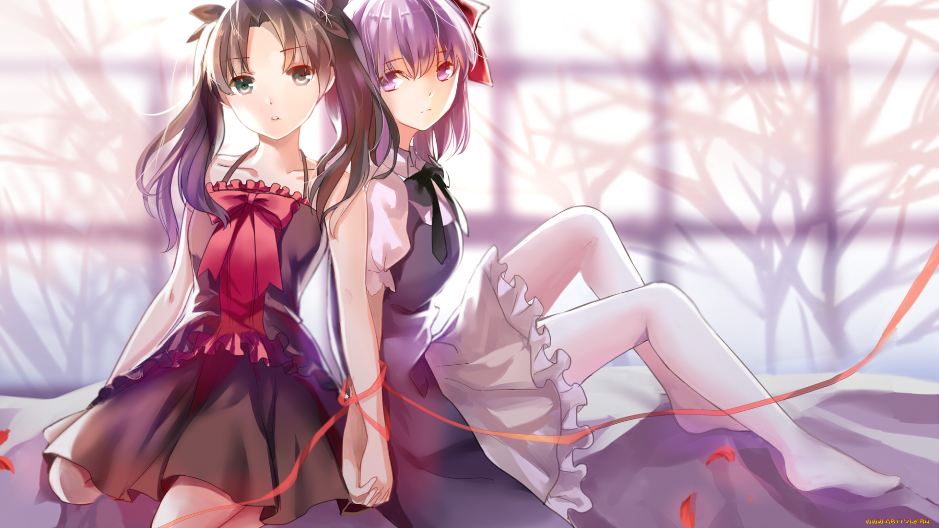 аниме, fate, stay, night, elise, piclic, девушки, лепестки, stay, night, matou, sakura, tohsaka, rin, красная, лента