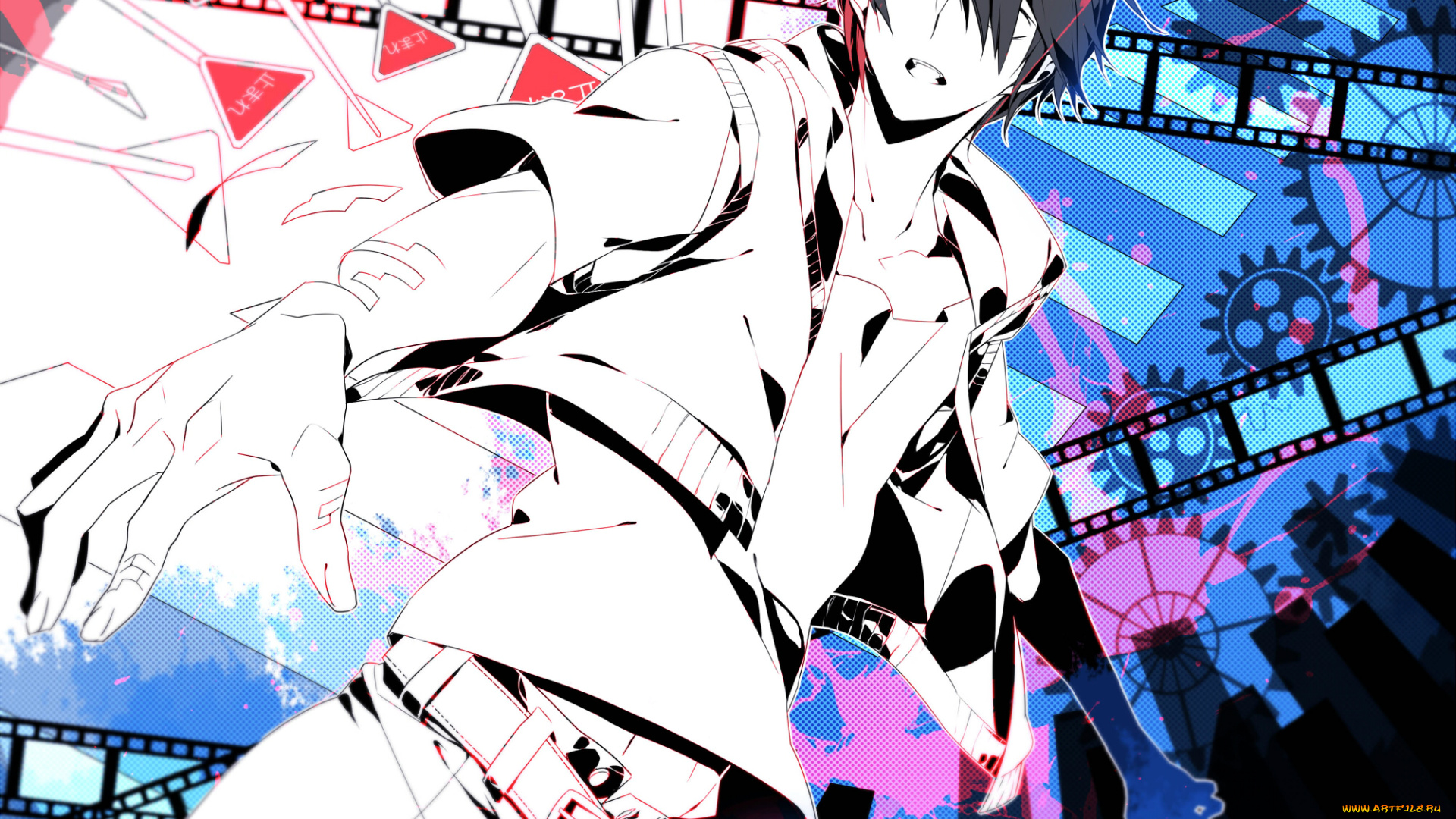 аниме, kagerou, project, amamiya, hibiya, шестирёнки, tanitsu, itta, vocaloid, kagerou, project, абстракция, знаки, кинолента, парень, арт