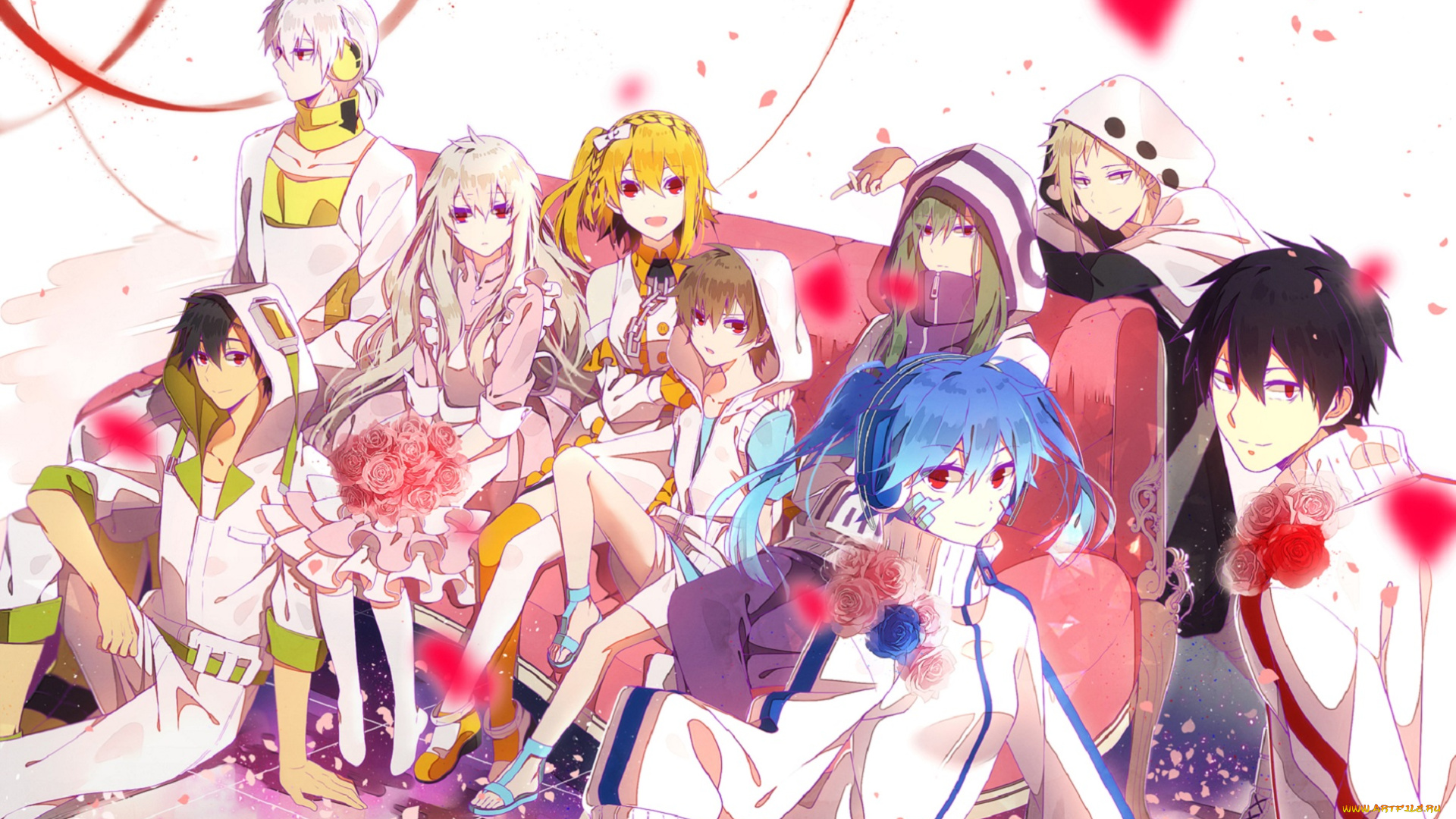 аниме, kagerou, project, арт, hakusai, персонажи, девушки, розы, парни