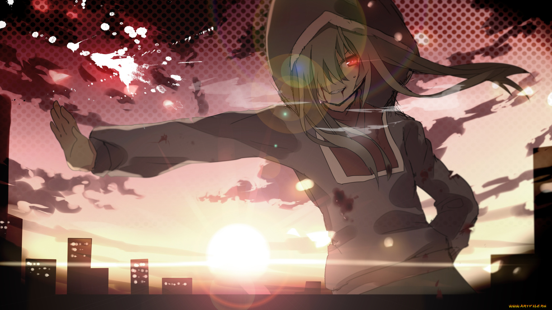 аниме, kagerou, project, арт, vocaloid, kagerou, project, aiharafu, kido, tsubomi, капюшон, взгляд, город