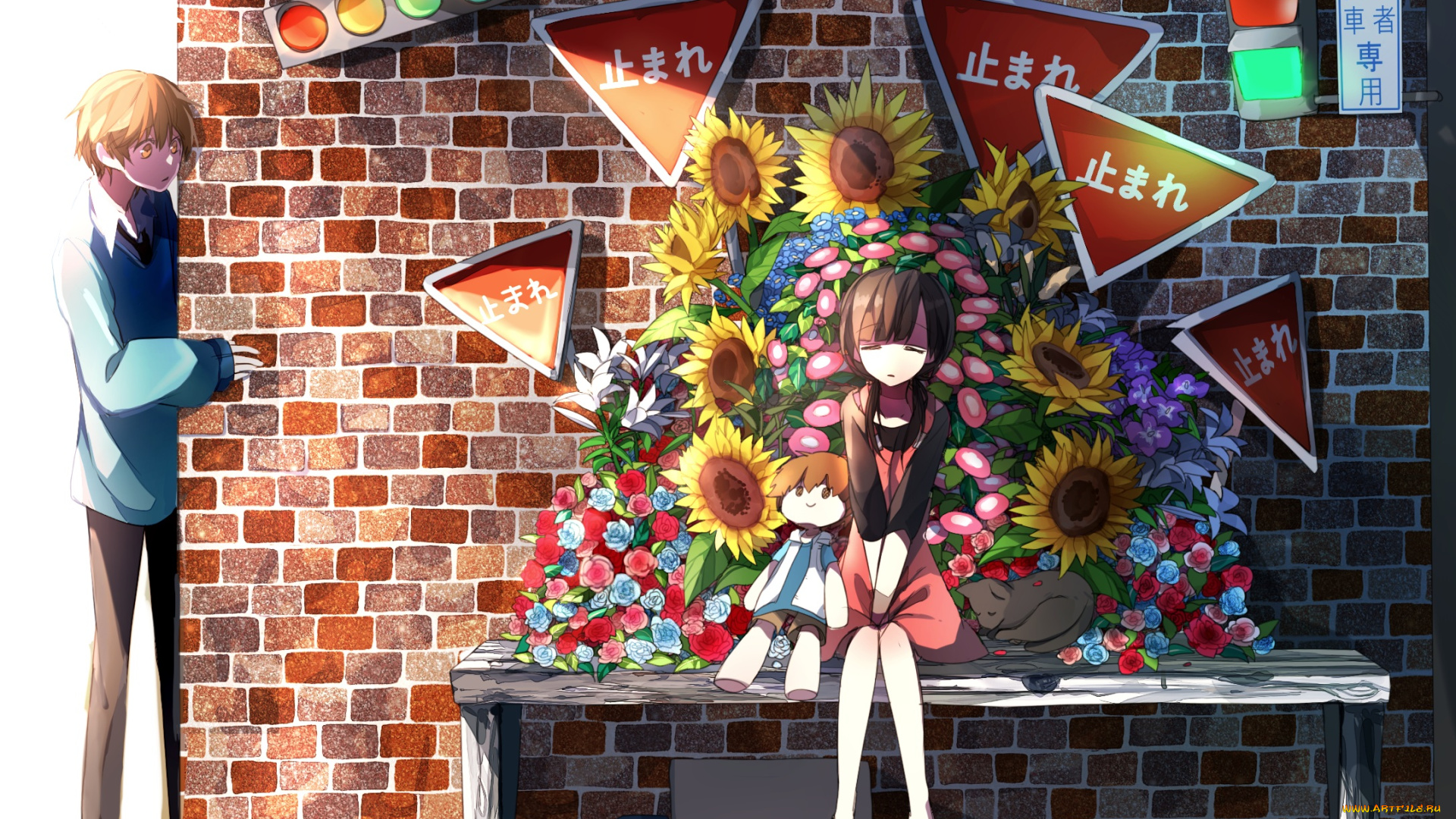 аниме, kagerou, project, kagerou, project, знаки, девушка, asahina, hiyori, парень, fuppi, светофор, керпичная, стена, amamiya, hibiya, дом, цветы, арт