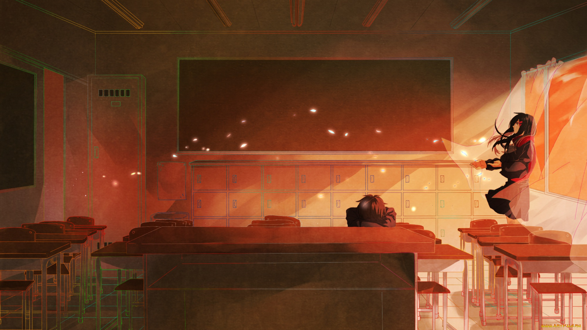 аниме, kagerou, project, tateyama, ayano, keshitsubu, арт, класс, парты, стены, окно, занавески, парень, девушка, плачет, слёзы, грусть, kisaragi, shintaro, kagerou, project