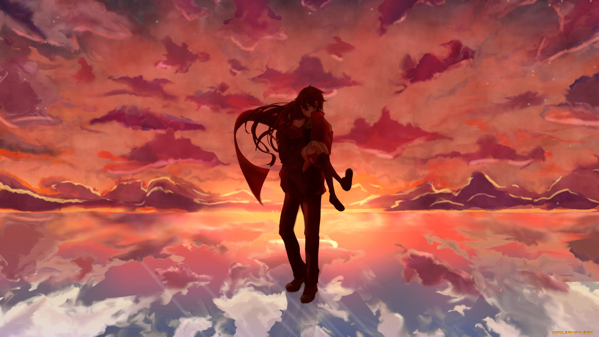 аниме, kagerou, project, tateyama, ayano, отражение, закат, романтика, пара, kisaragi, shintaro, kagerou, project, облака, icchan, небо, арт