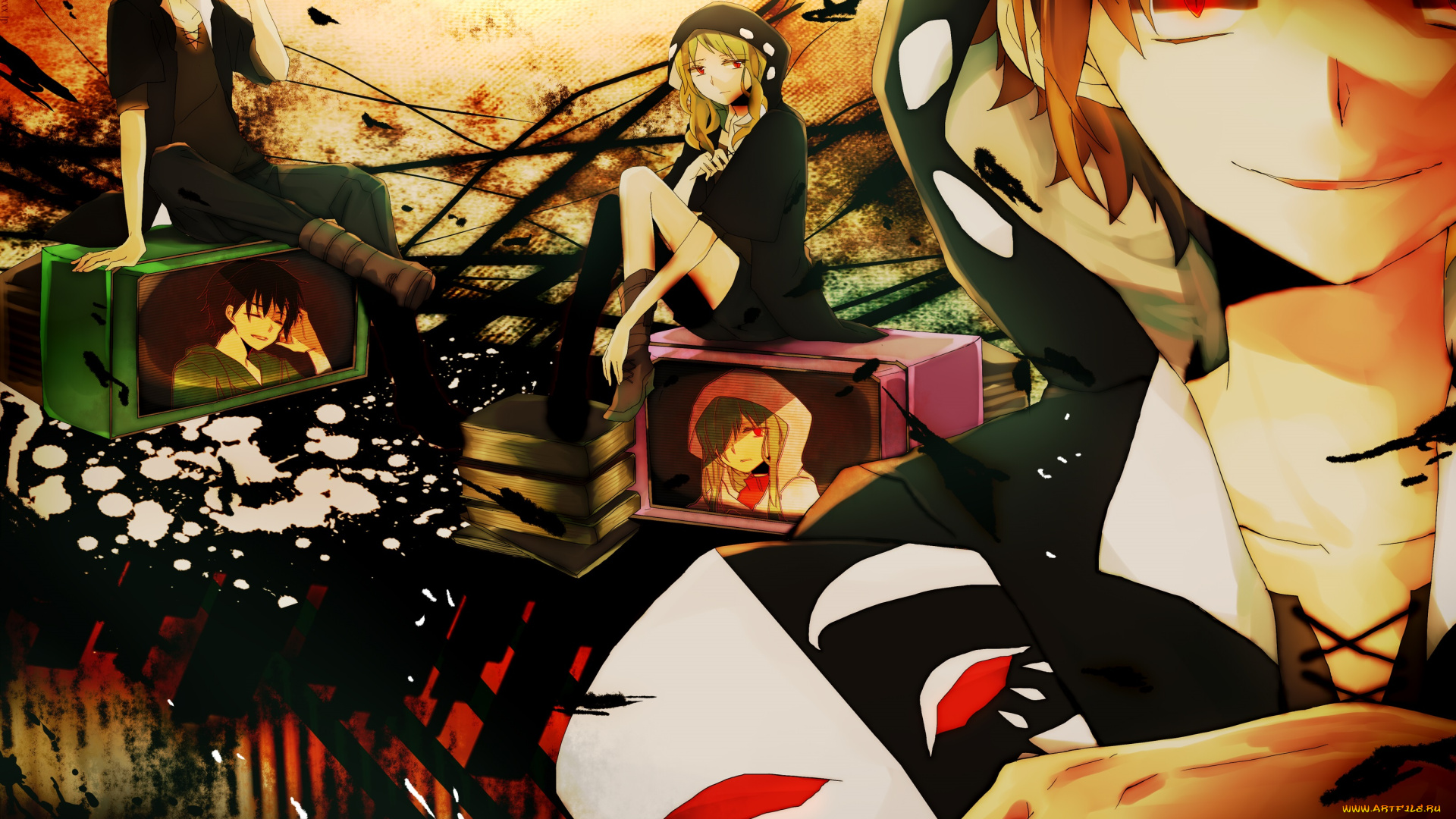 аниме, kagerou, project, взгляд, маска, парни, девушка, вечер, телевизоры, зкакт