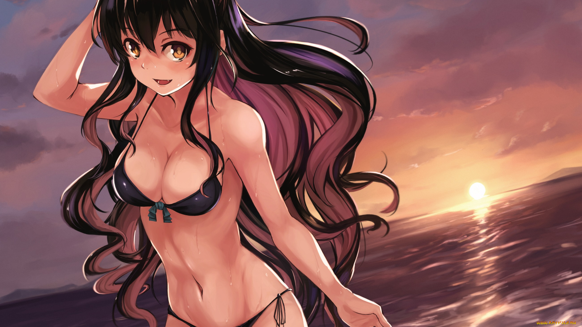 аниме, kantai, collection, небо, закат, купальник, пляж, kantai, collection, maki, pei, солнце, облака, девушка, арт, море, kancolle, naganami