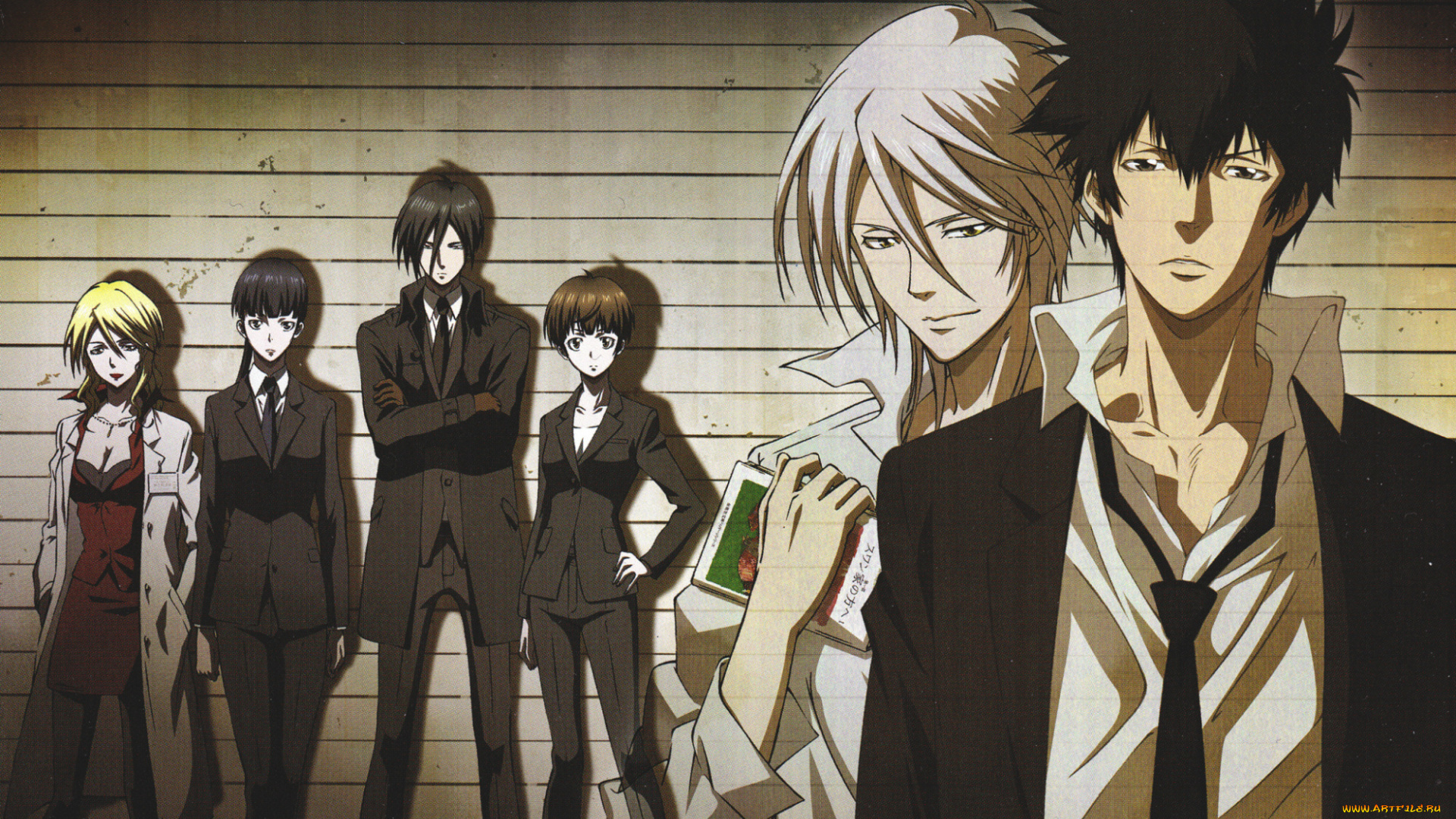 аниме, psycho-pass, костюм, халат, стена, галстук, shougo, makishima, ginoza, nobuchika, shinya, kougami, akane