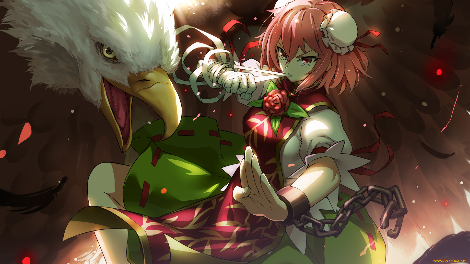 аниме, touhou, арт, bobomaster, ibara, kasen, девушка, белоголовый, орлан, цепь, взгляд, роза, птица