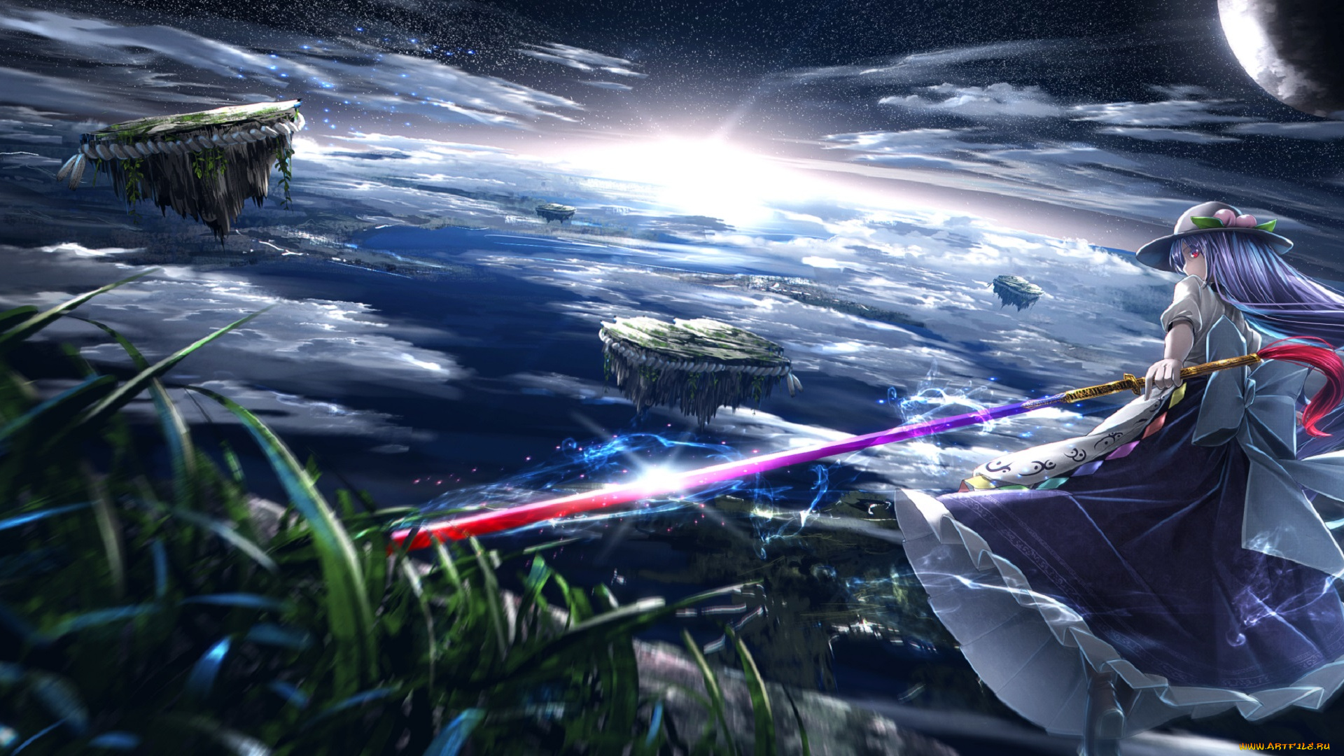 аниме, touhou, арт, небо, звёзды, облака, острова, тоухоу, девушка